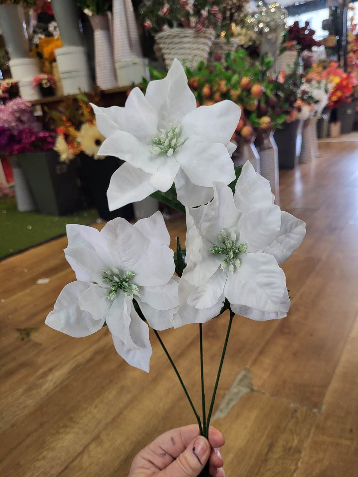 Long stem 3 headed poinsettia with glittered centres - 2 colours available image 6
