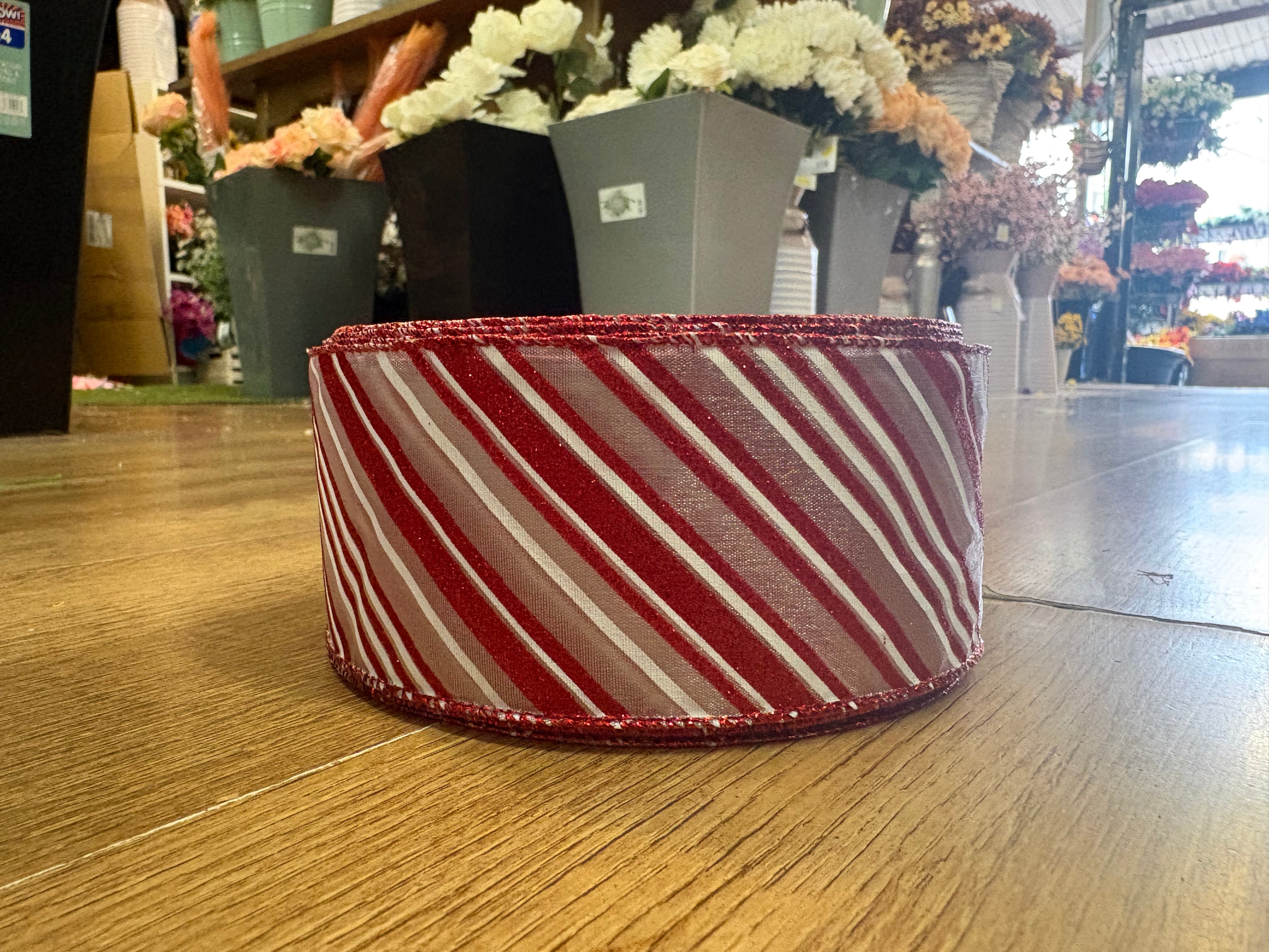 2.5 inch glittered red and white candy cane theme wired ribbon - 10 metres
