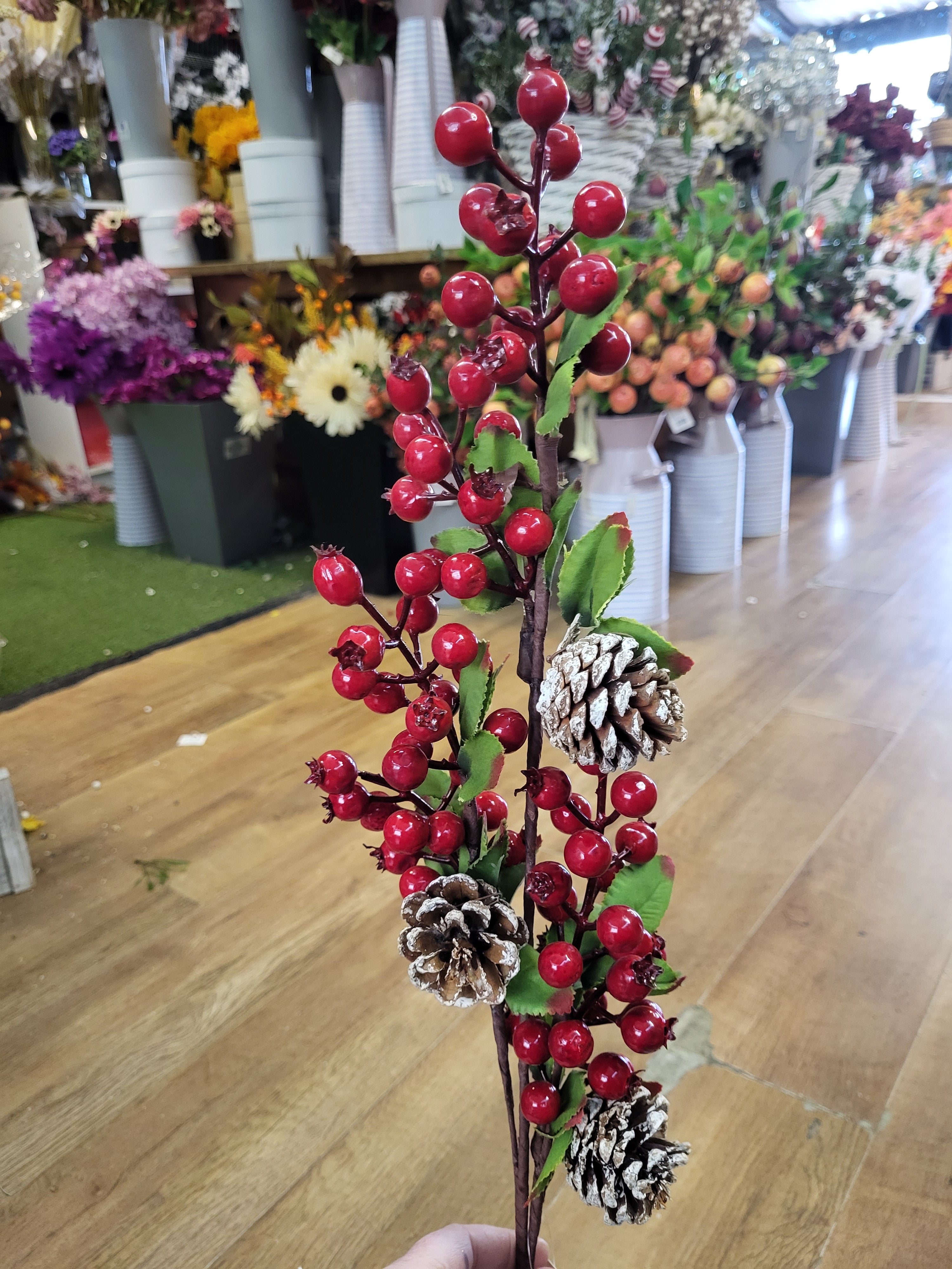 Long stem red berry and cones branch image 4