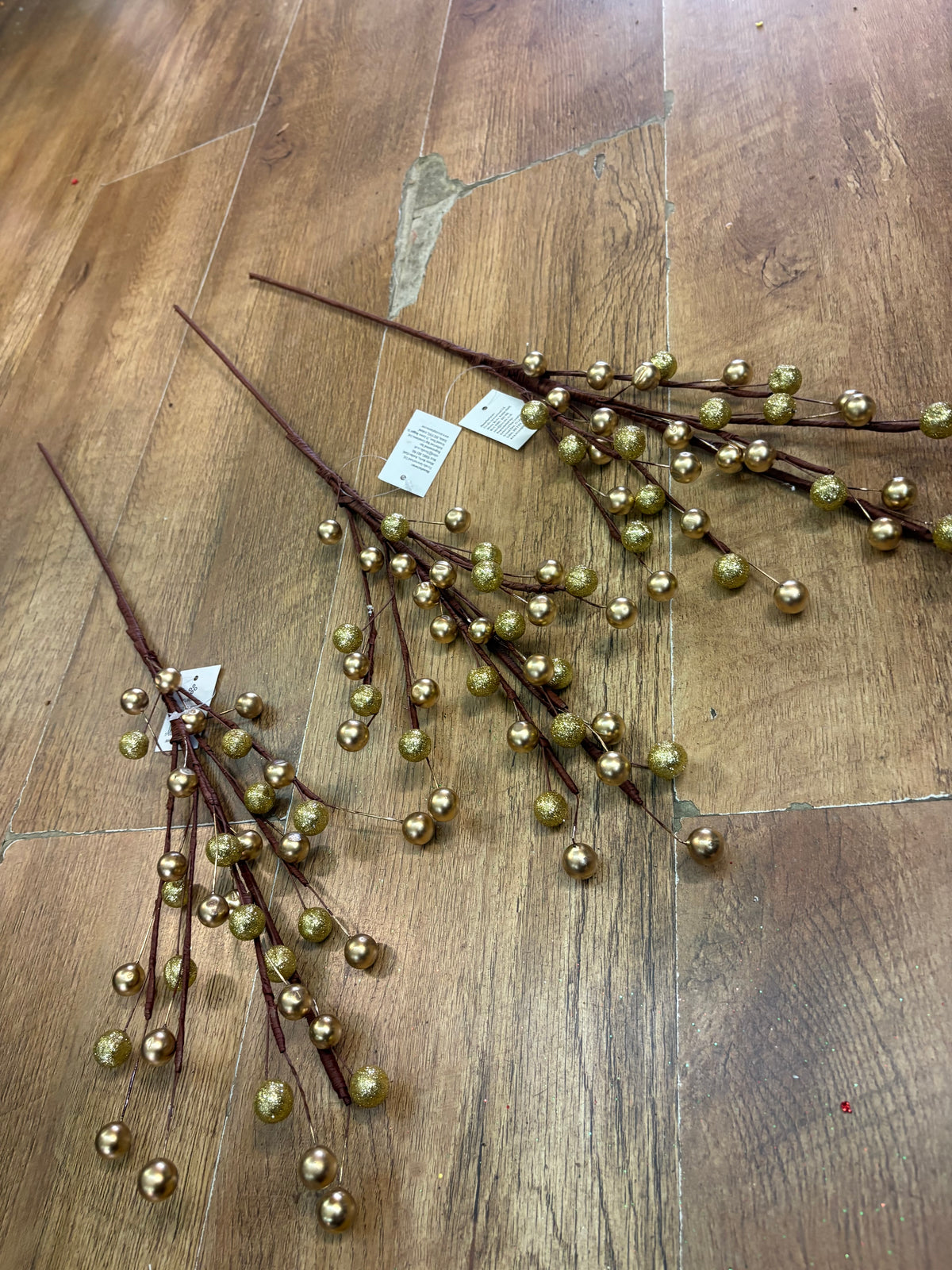 Bundle of 3 long stem gold metallic and glittered berry stems