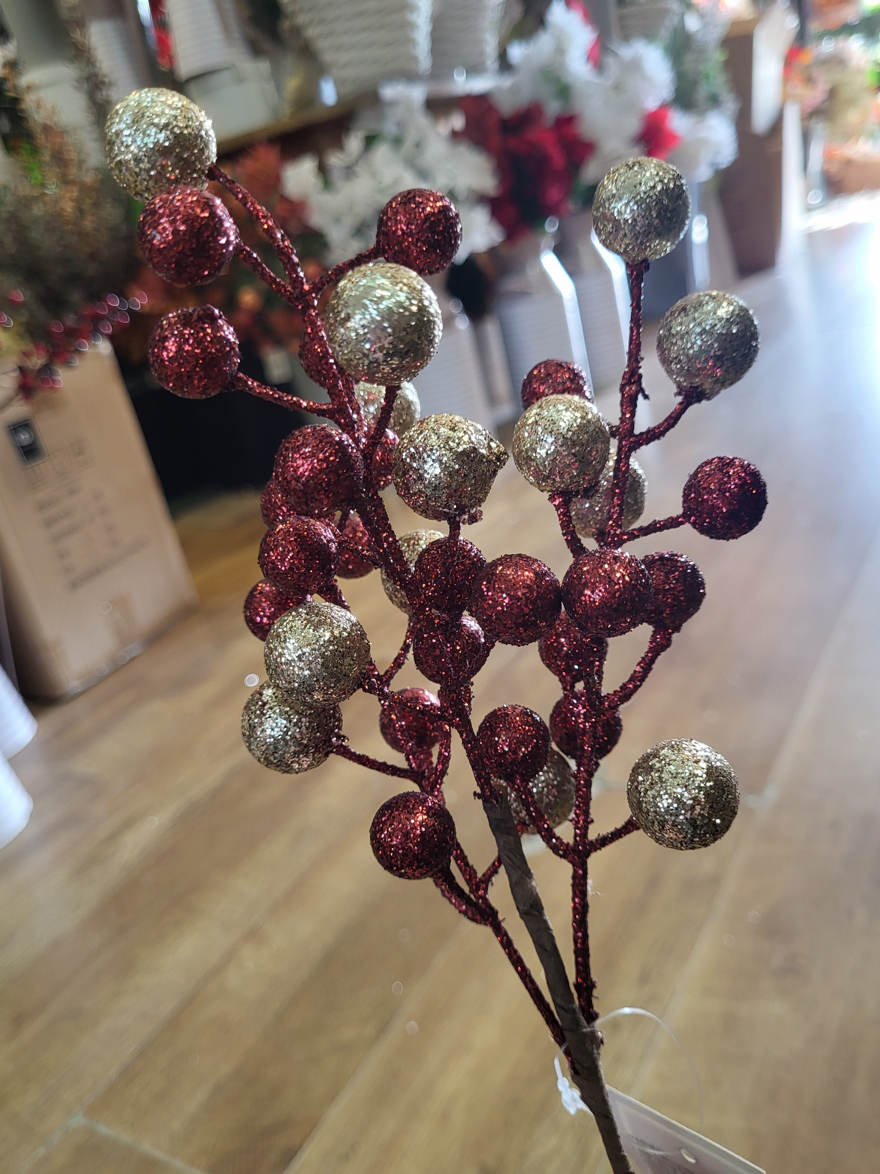 36cm Dark red and champagne gold glitter ball stem image 3