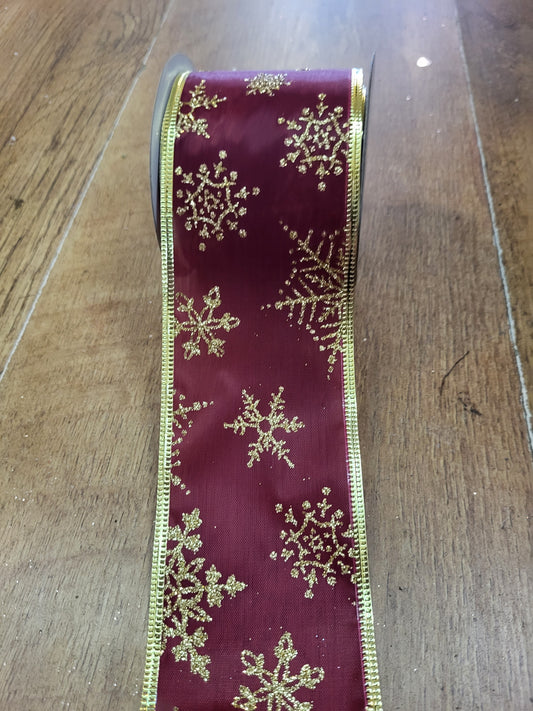 2.7m approx. roll of dark red/gold glitter snowflake wired ribbon image 0