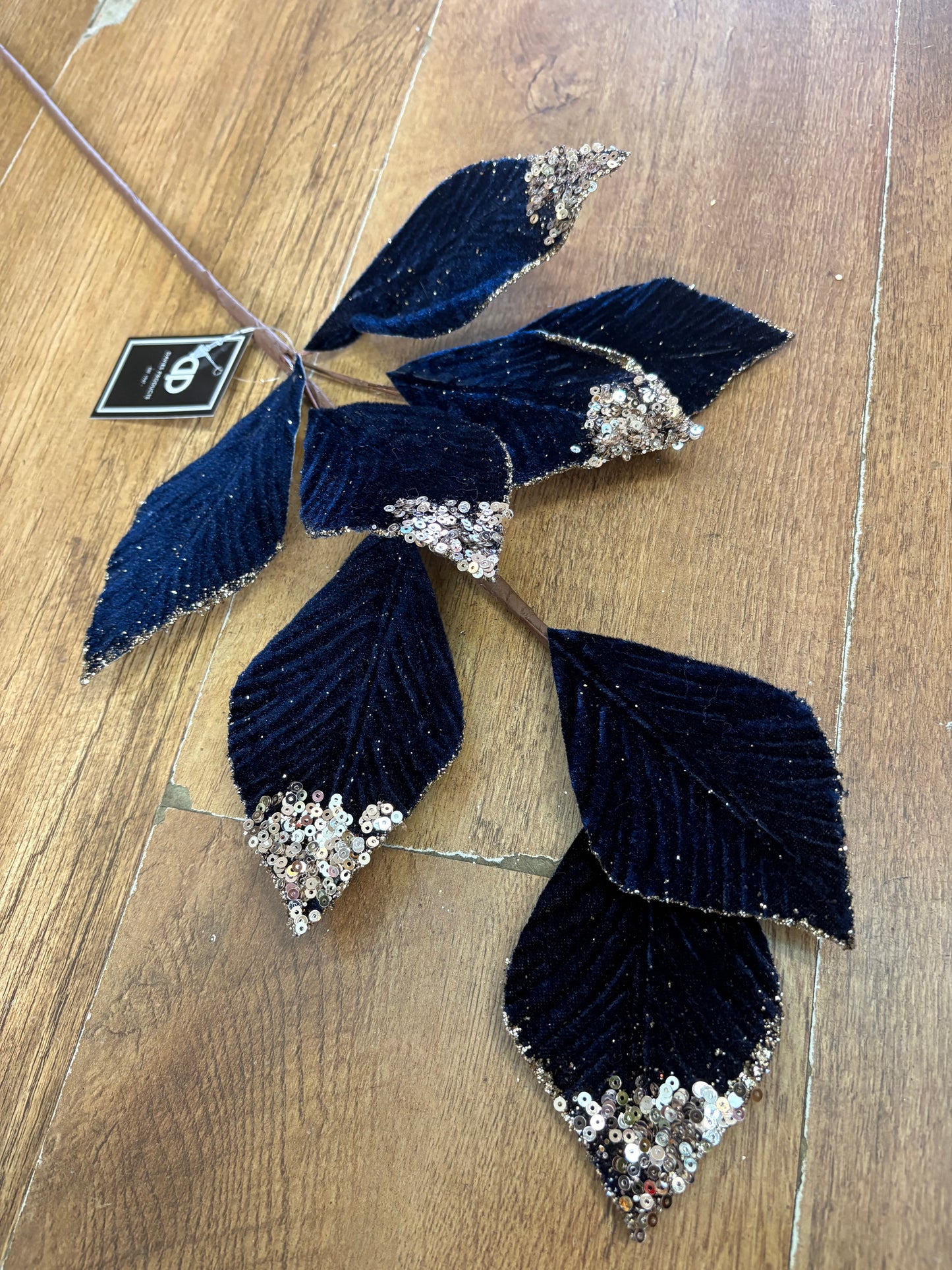 Long stem navy velvet and champagne gold foliage spray