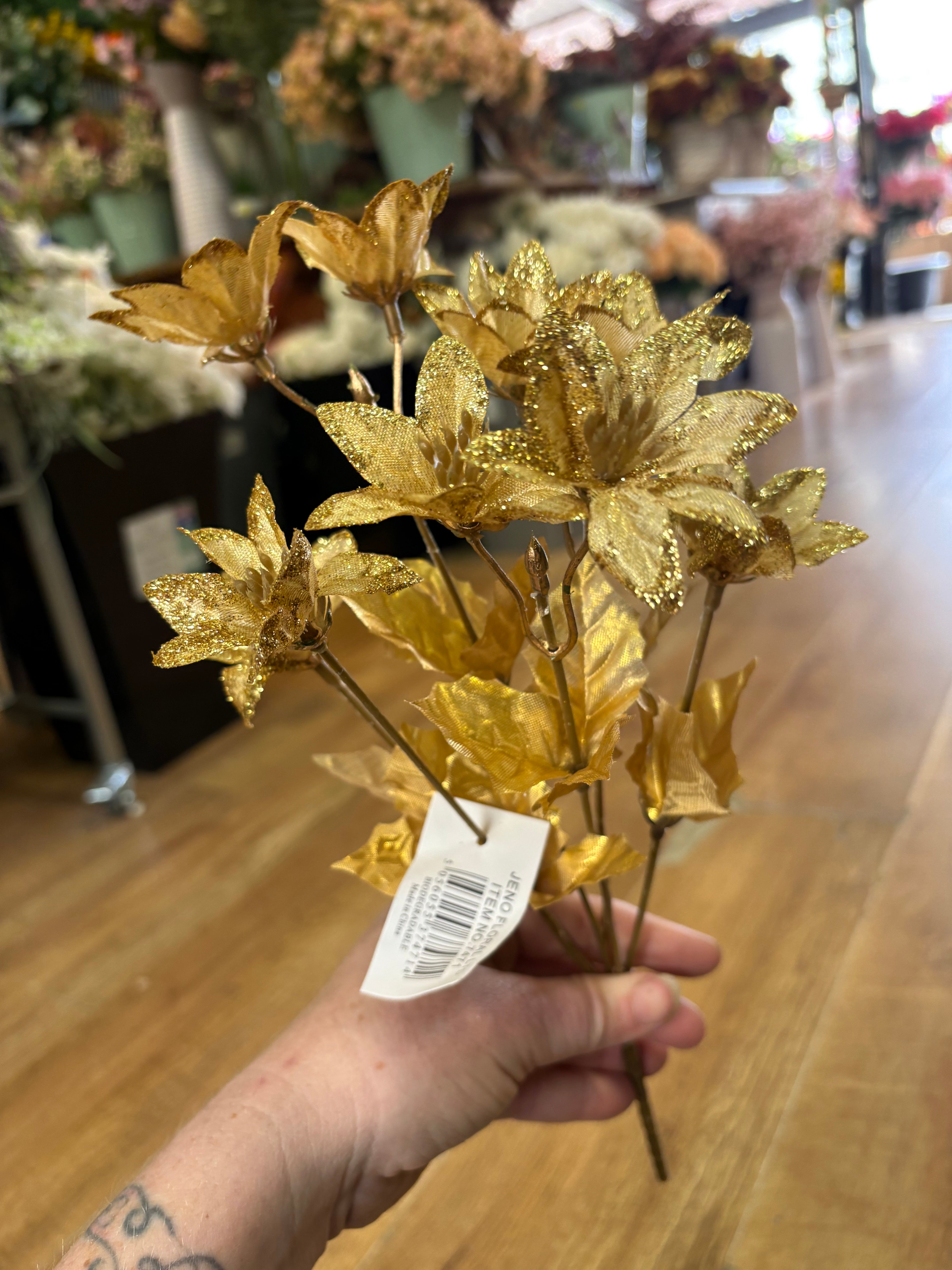 Glittered metallic miniature poinsettia bunch - 2 colours available