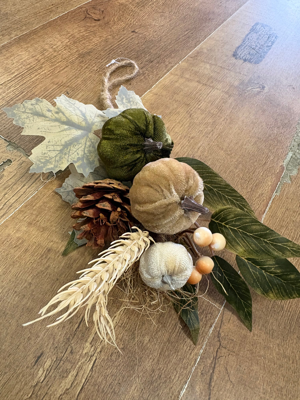 30cm green, neutral and cream velvet pumpkin swag