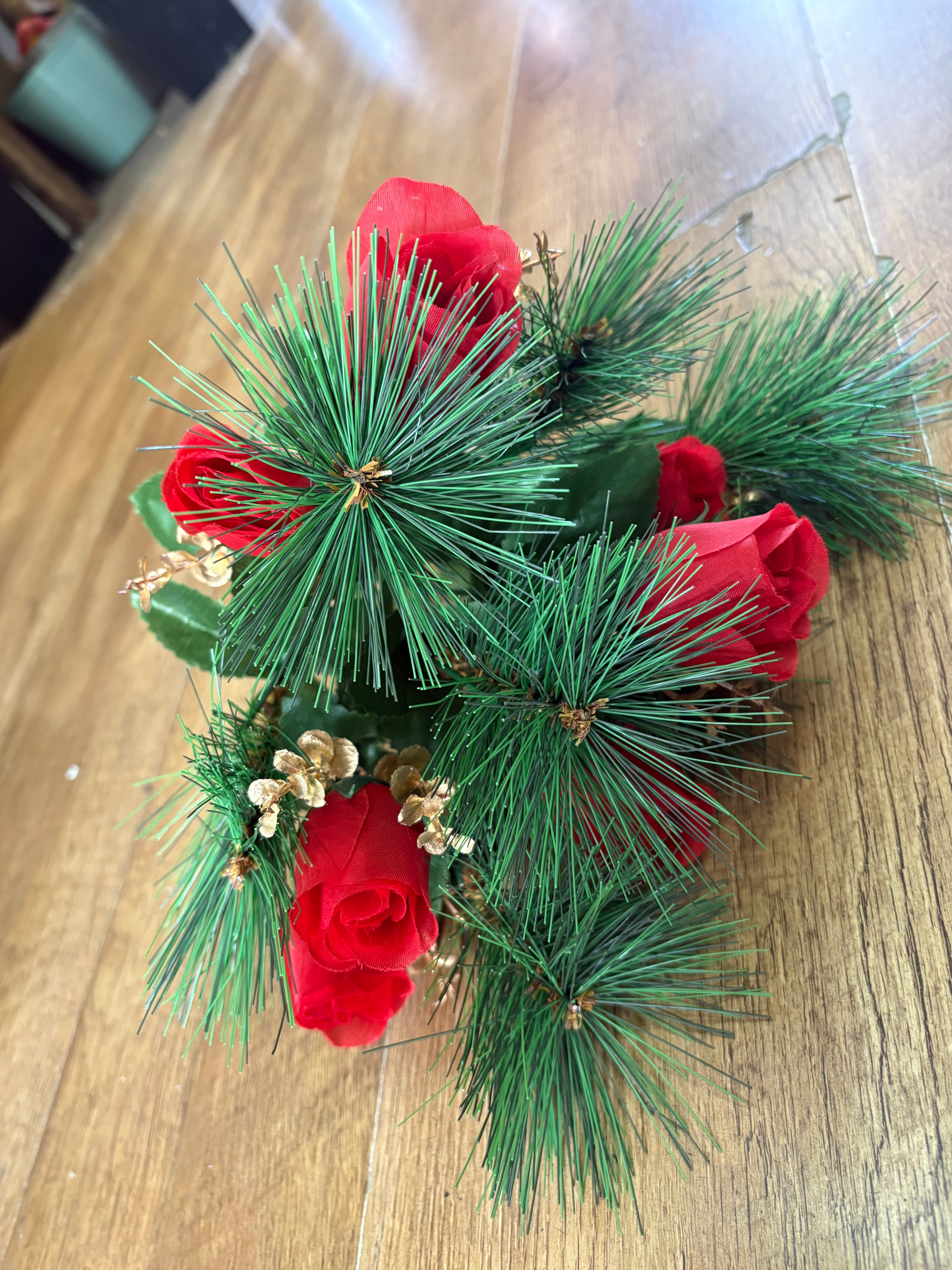Rosebud, eucalyptus and pine bouquet - red and gold