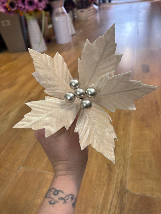 Small nude velvet poinsettia pick