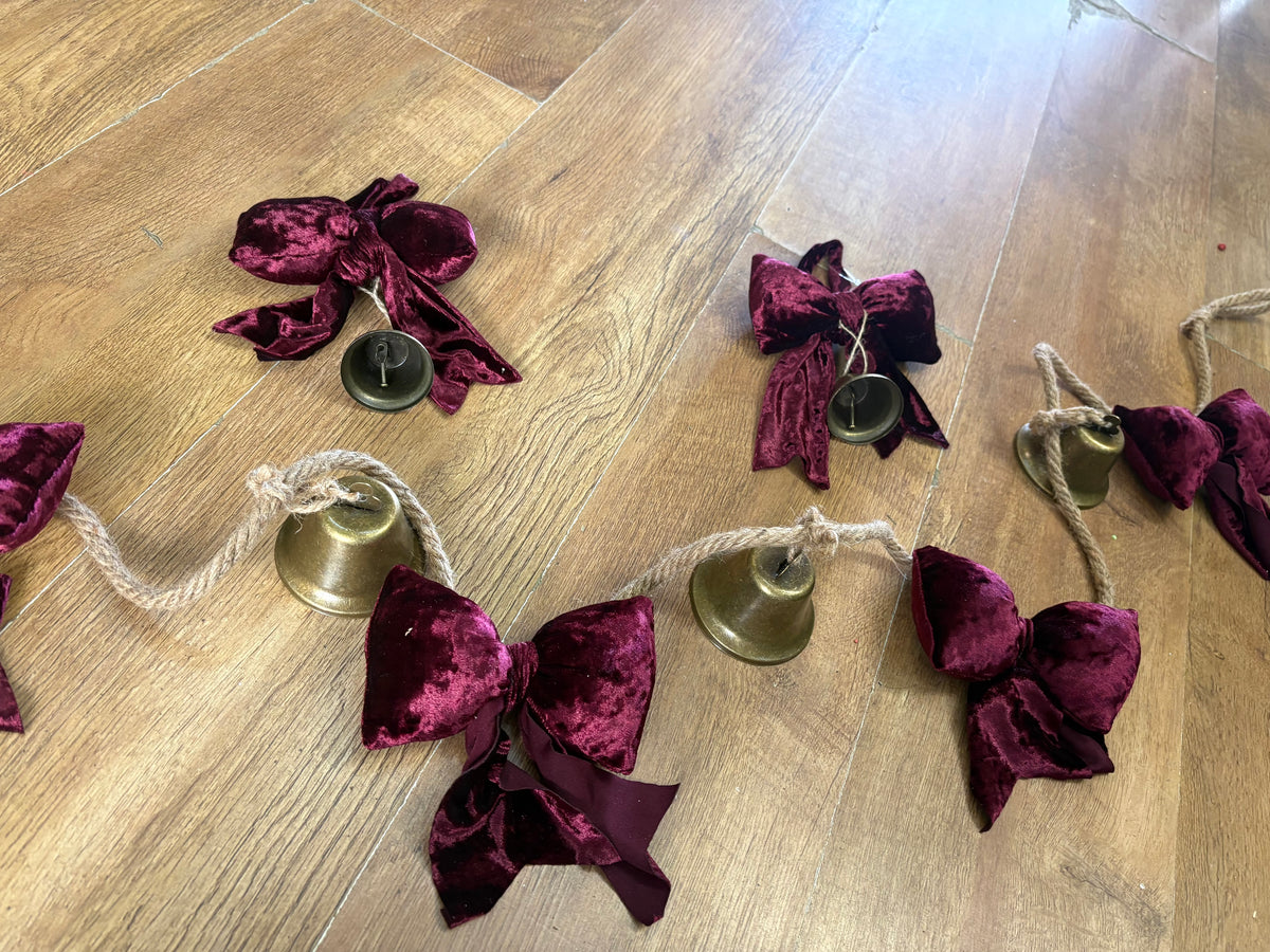 BUNDLE - 1.8m burgundy velvet bow and Christmas bell garland and 2 matching hanging bows with bells