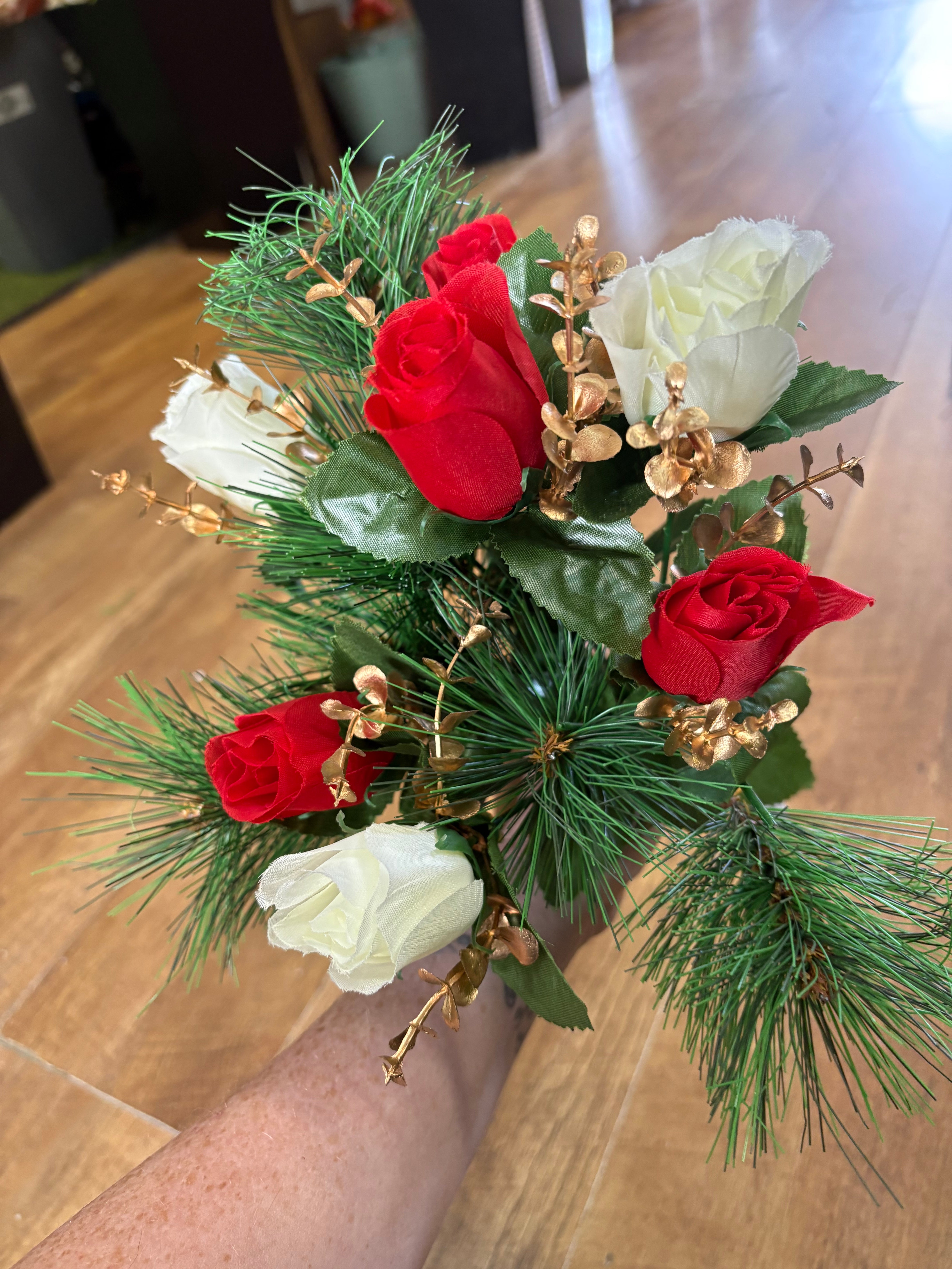 Rosebud, eucalyptus and pine bouquet - red, ivory and gold