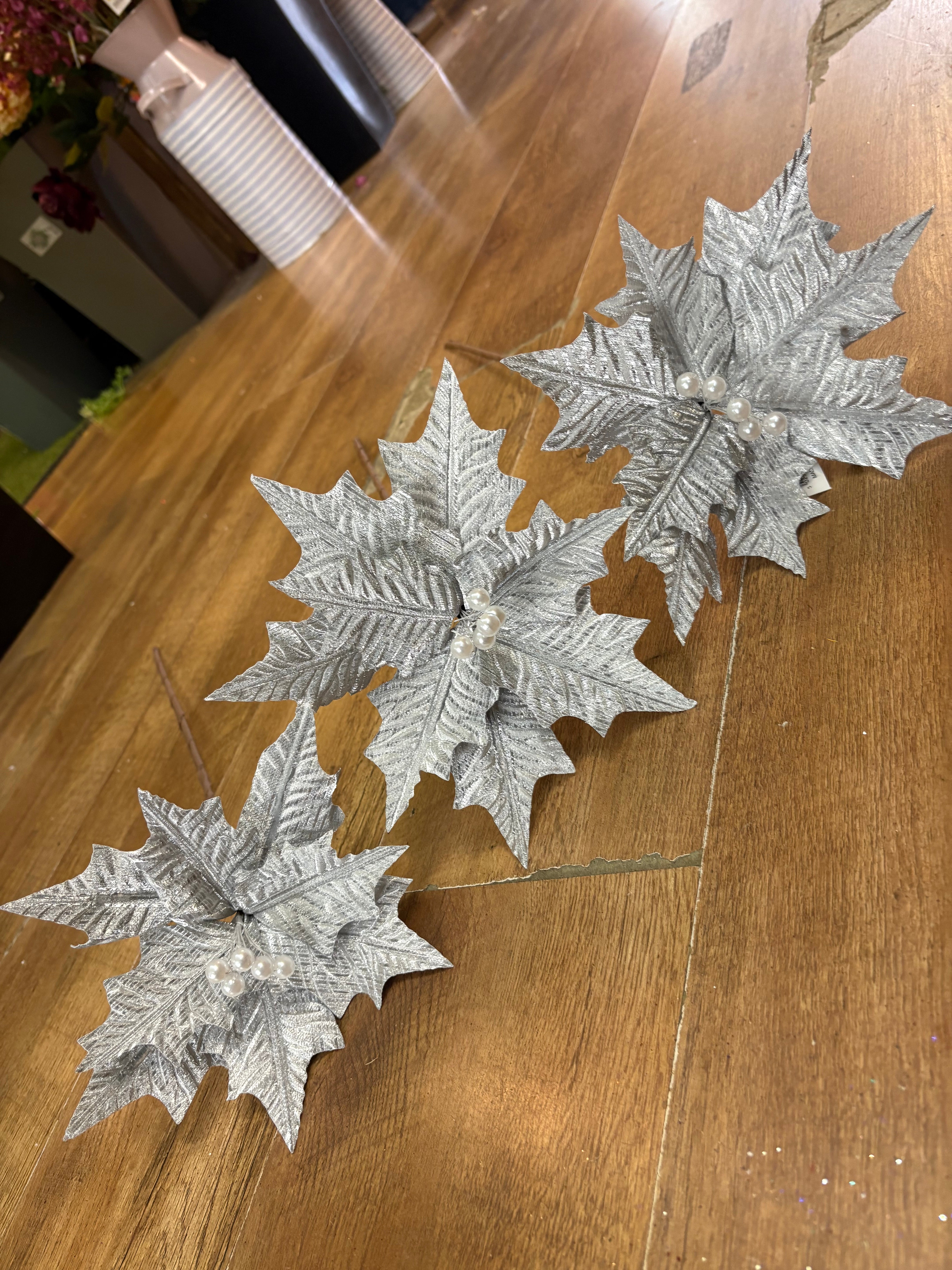 Bundle of 3 silver crinkle petal poinsettias
