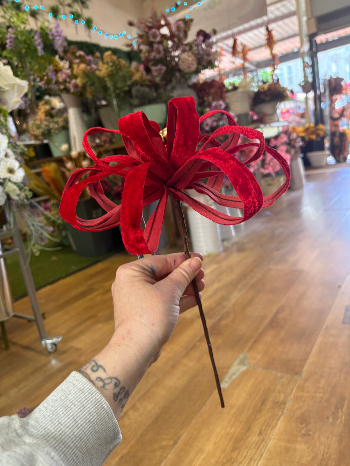 Wired Red velvet and gold berry Christmas decor stem