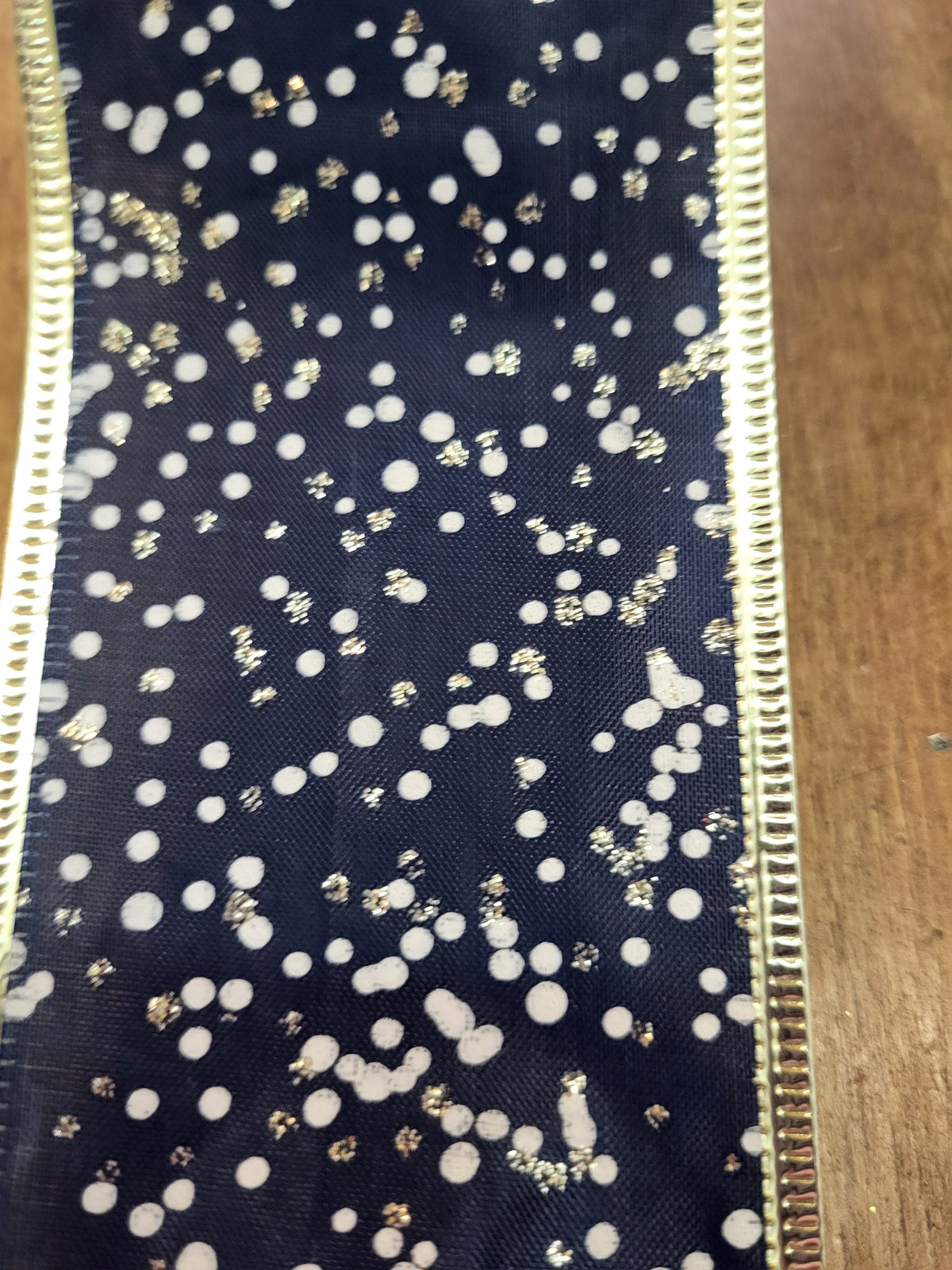 2.7m approx. roll of navy/champagne gold glitter/white spotted wired ribbon image 1
