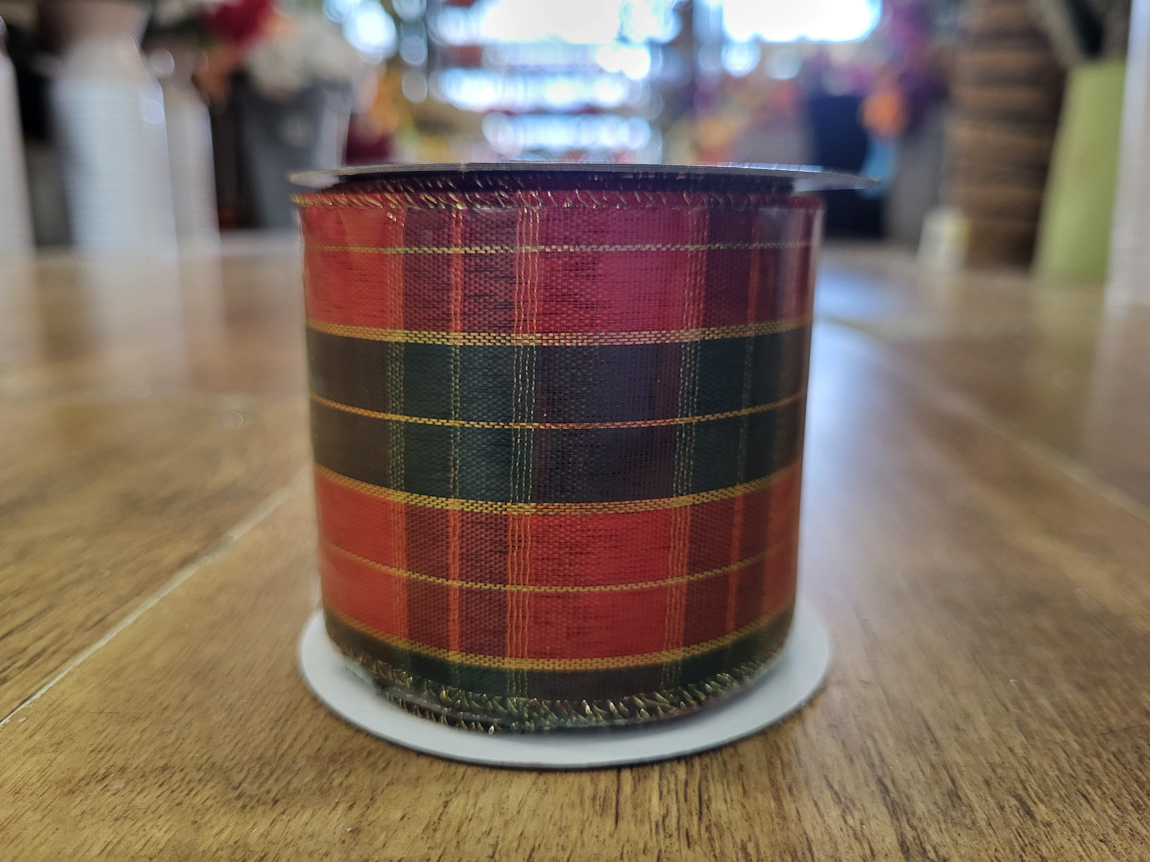 2.7m approx. roll of green/red tartan wired ribbon image 1