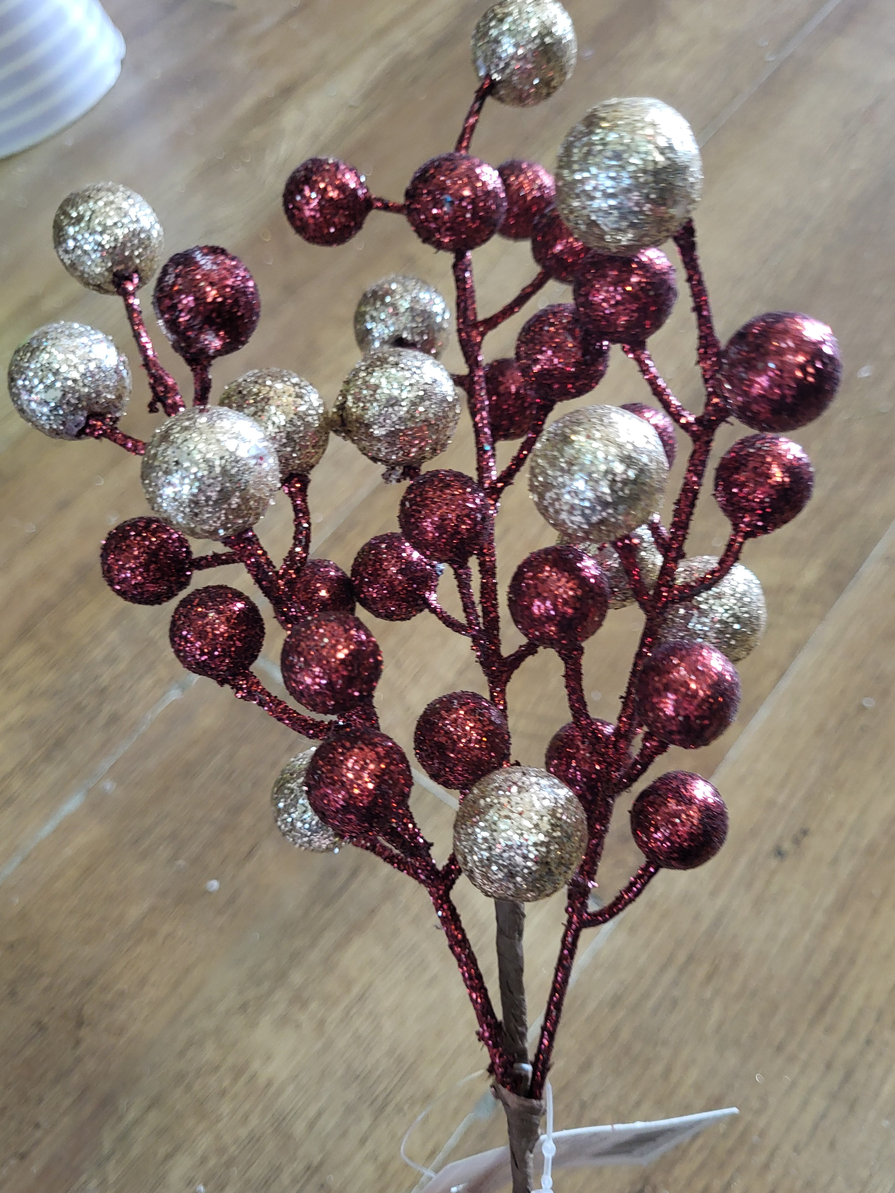 36cm Dark red and champagne gold glitter ball stem image 0