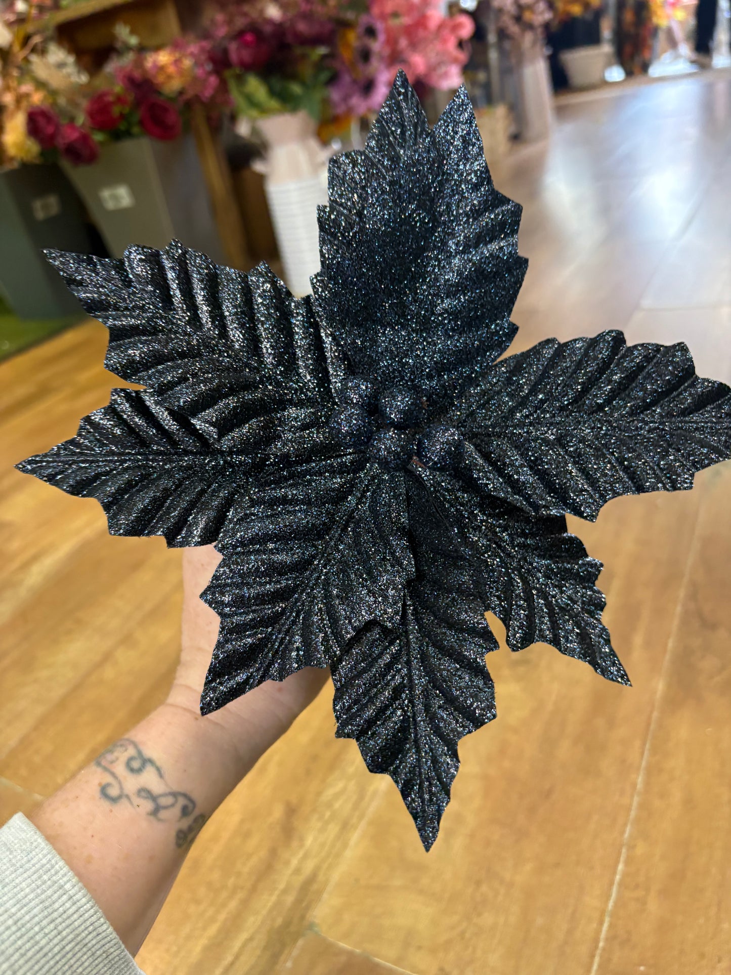 Glittered navy single poinsettia pick