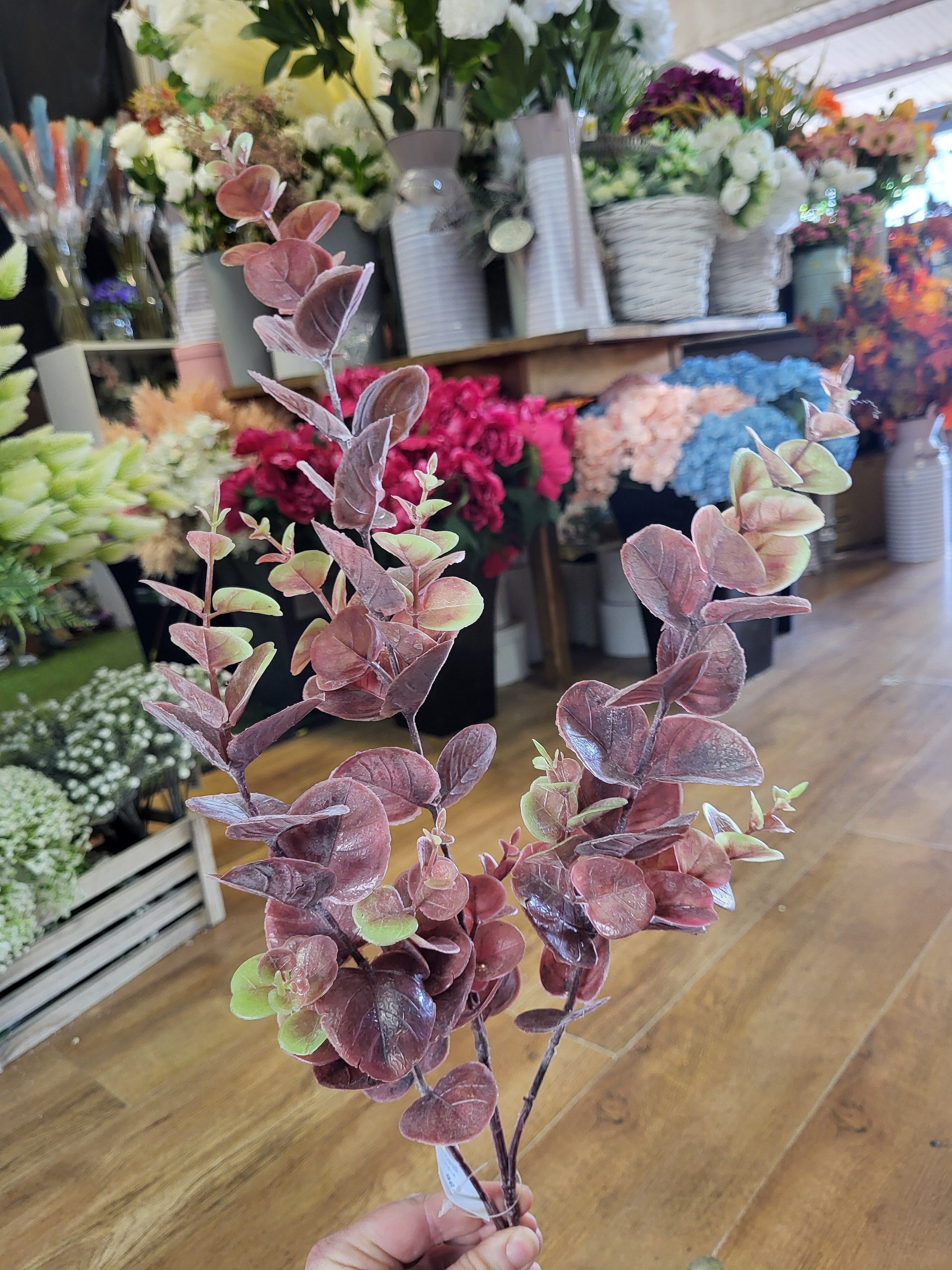 Long stem plastic Reddish brown eucalyptus spray  image 5