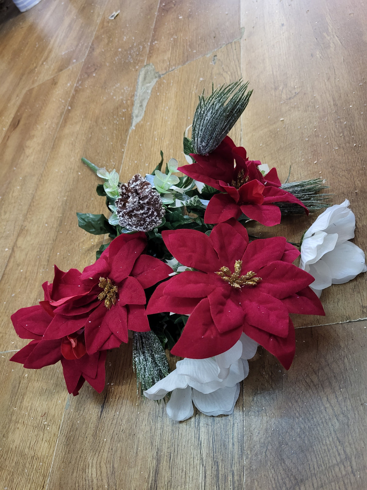 Poinsettia, poppy and and frosted foliage bunch  image 1
