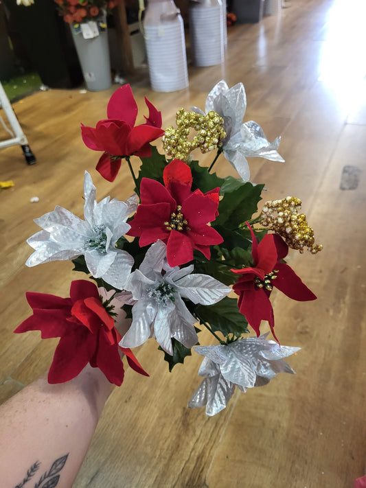 Red and silver poinsettia bunch with gold berries  image 0