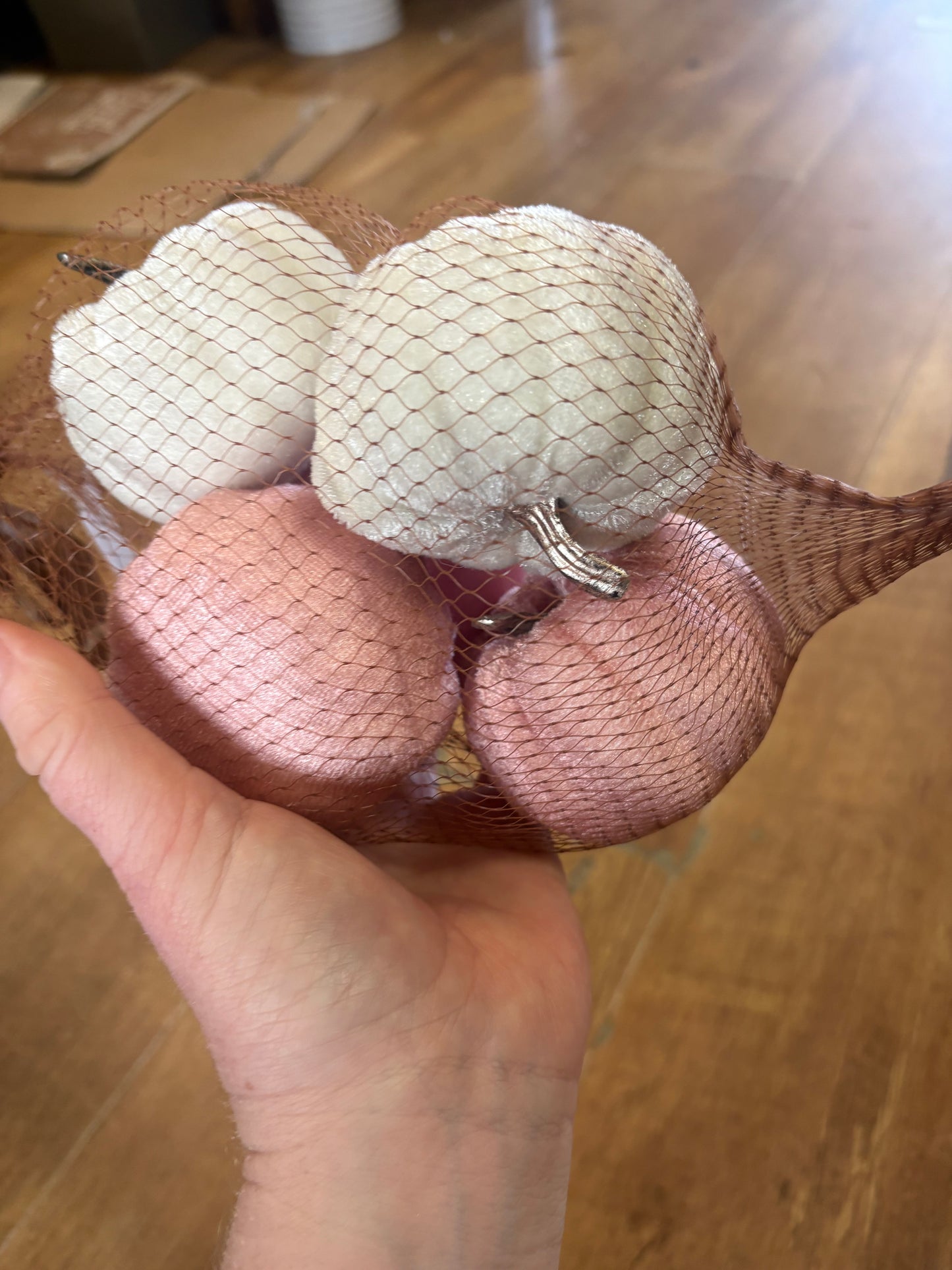 5 pinks and ivory small velvet pumpkins