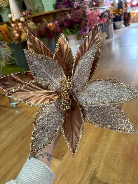 Large rose gold metallic and glittered single long stem poinsettia