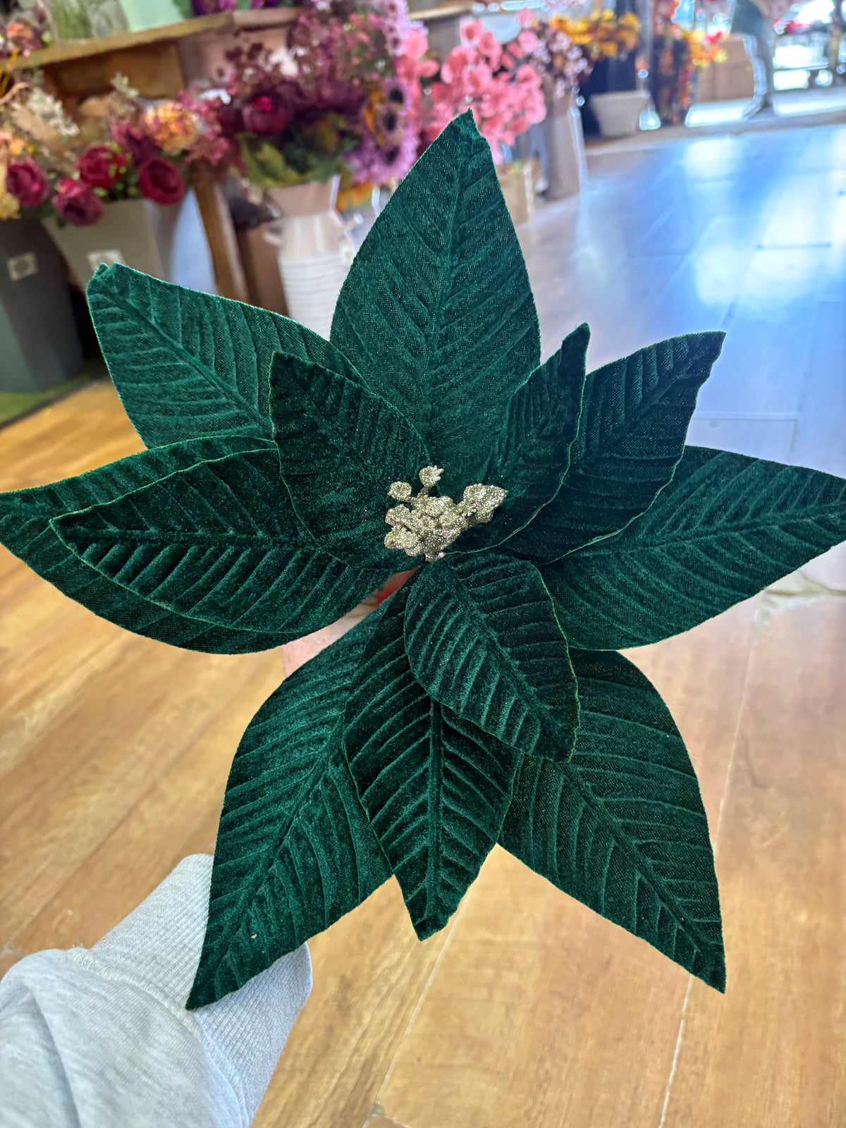 Large emerald green velvet single poinsettia