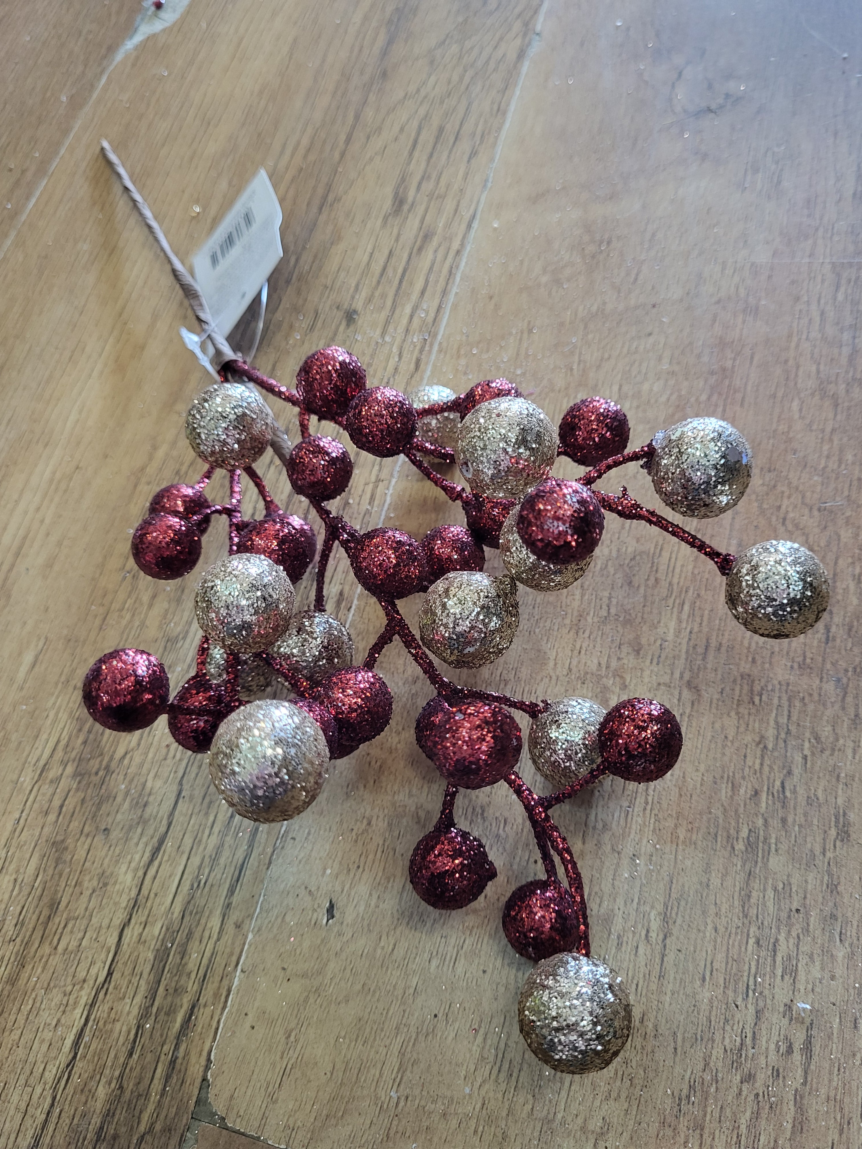 36cm Dark red and champagne gold glitter ball stem image 1