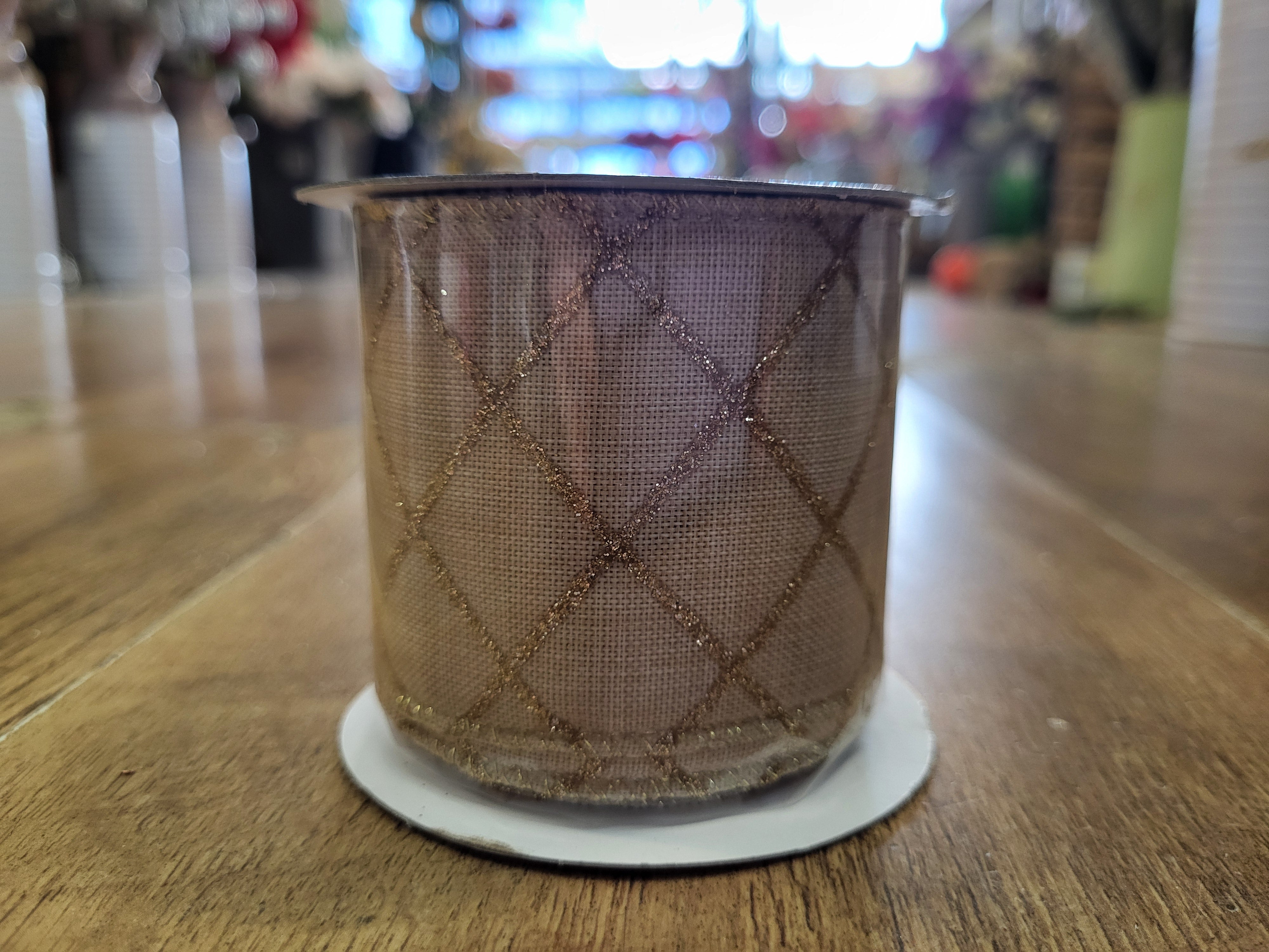 2.7m approx. roll of natural/gold glitter criss cross wired ribbon image 2