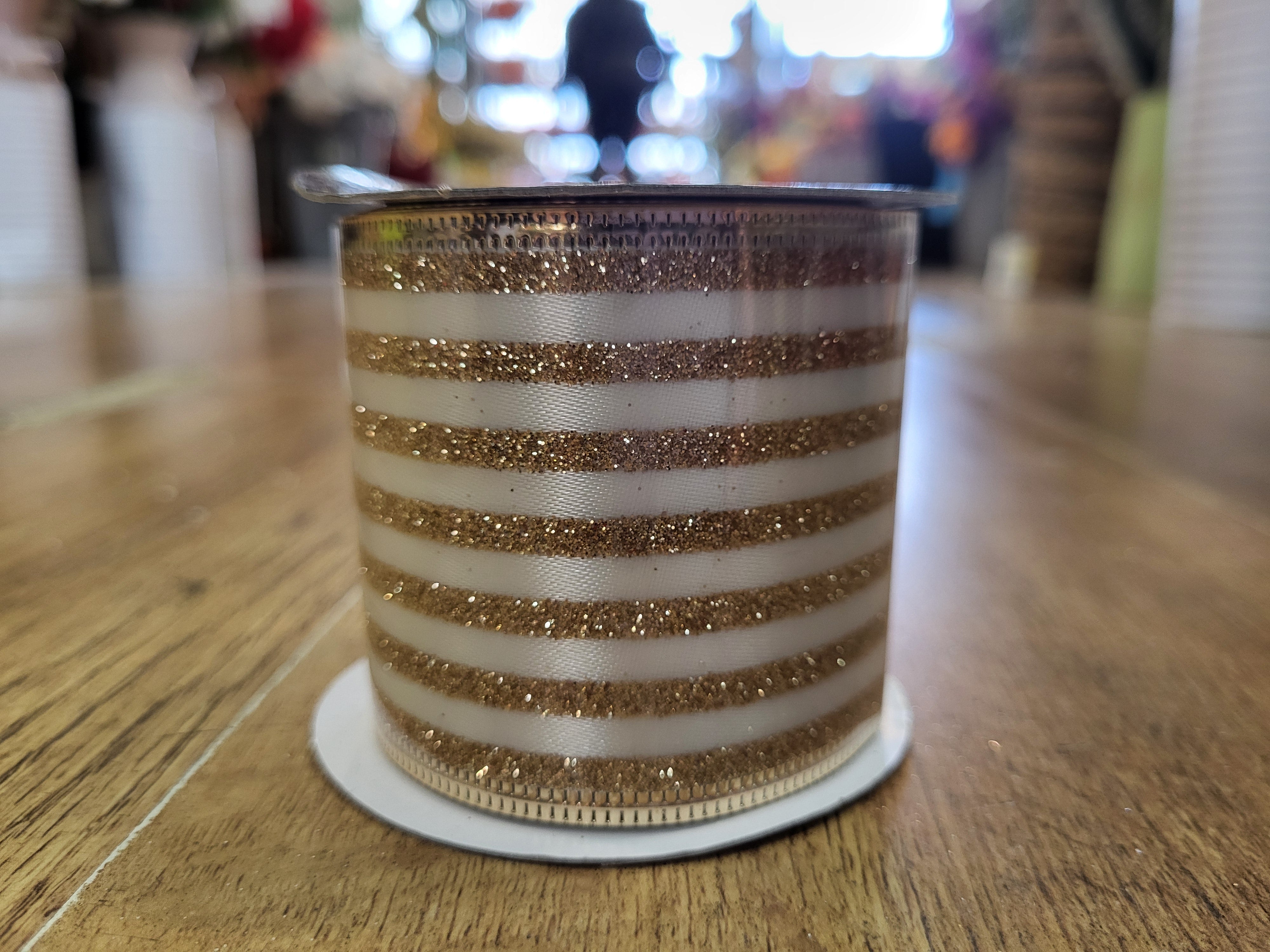 2.7m approx. roll of cream/gold glitter striped wired ribbon image 1