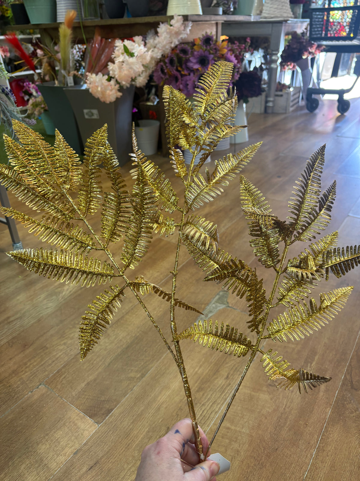 90cm gold glittered metal fern spray