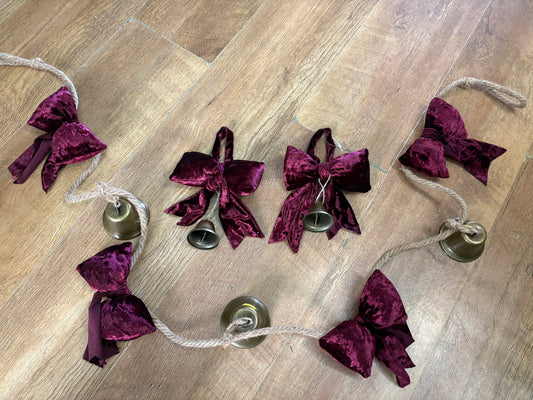 BUNDLE - 1.8m burgundy velvet bow and Christmas bell garland and 2 matching hanging bows with bells
