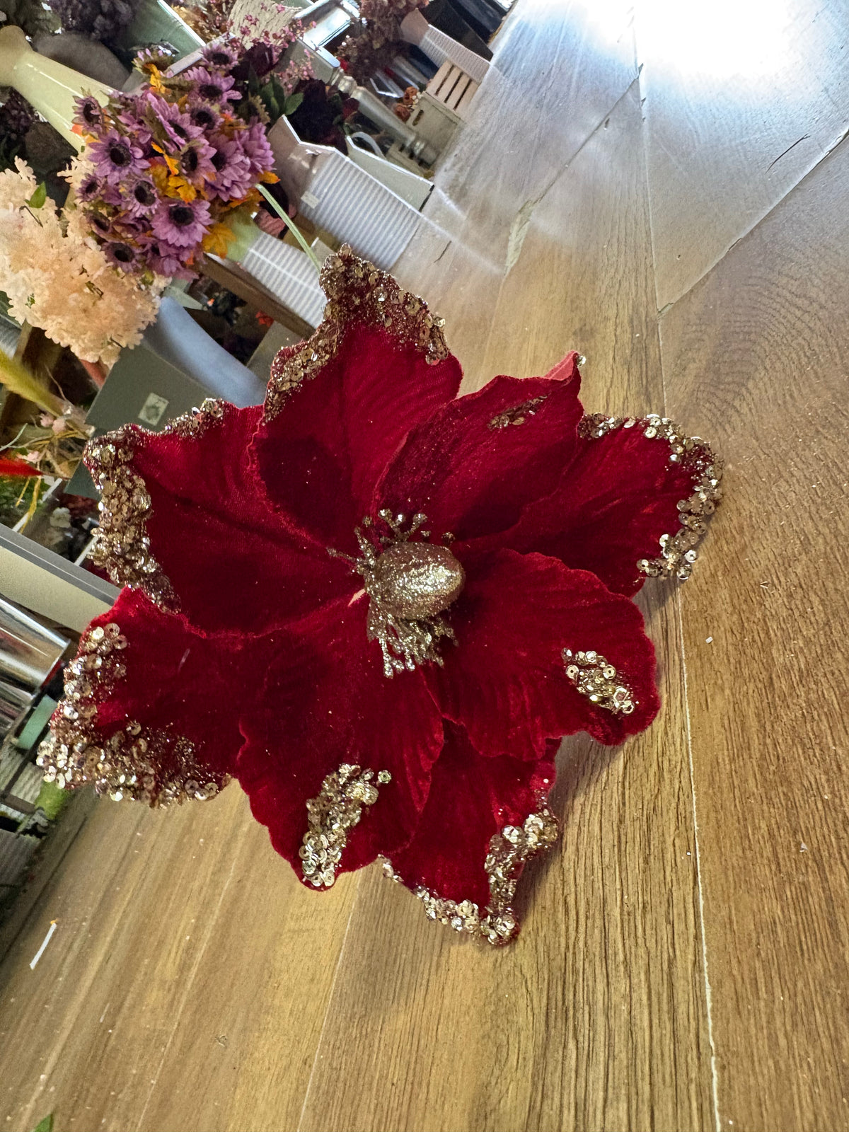 25cm dark red velvet and gold glittered magnolia