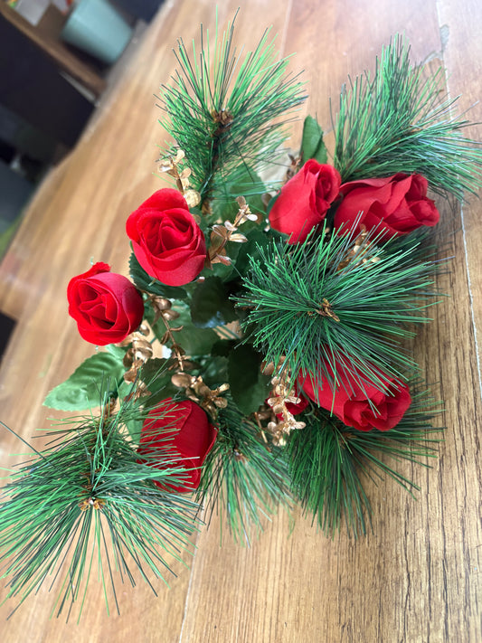 Rosebud, eucalyptus and pine bouquet - red and gold