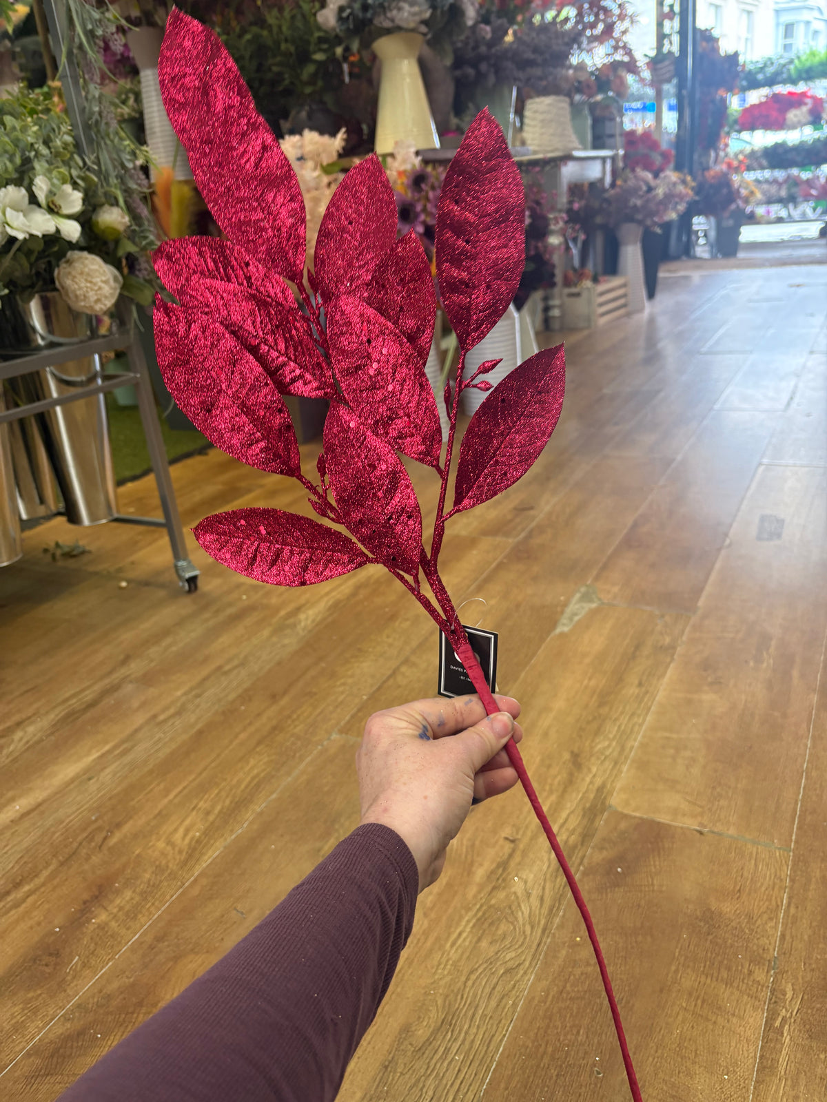 Long stem deep pink glittered foliage branch