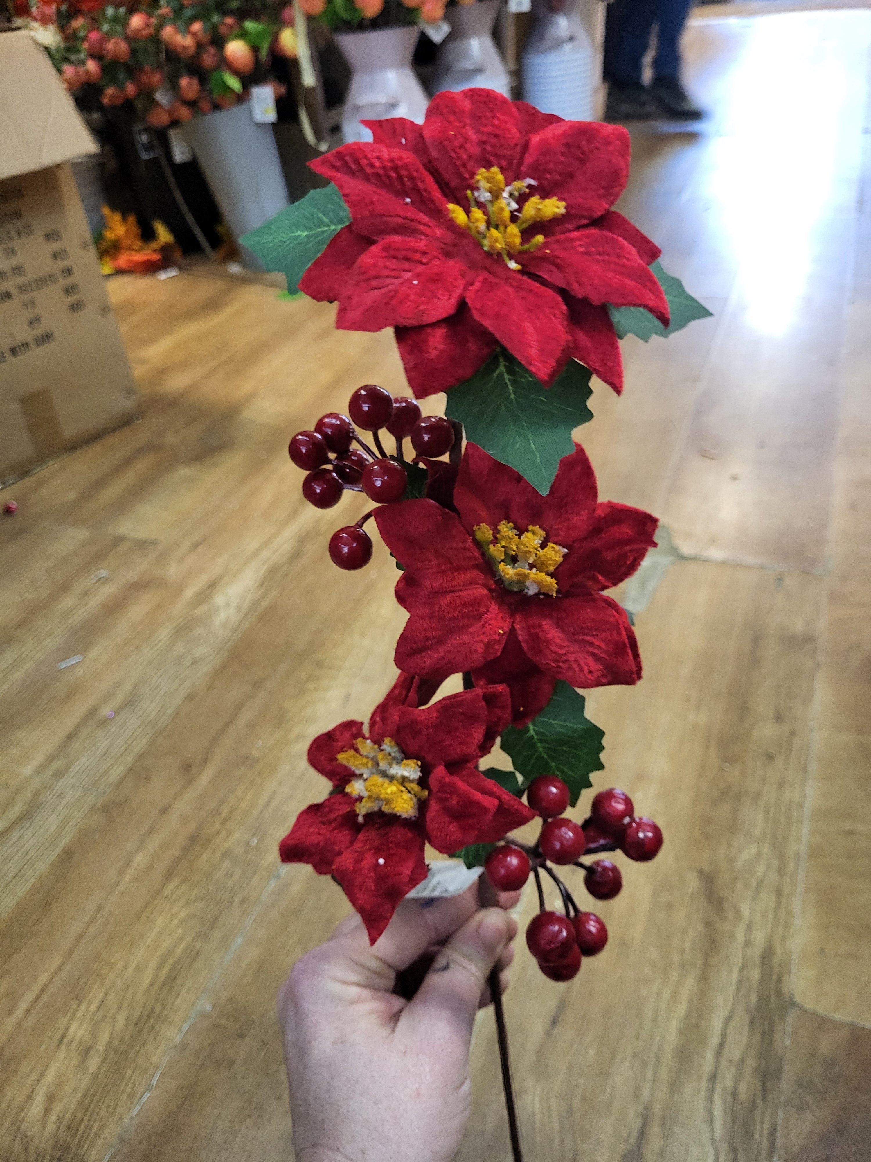 50cm velvet poinsettias, berry and Holly stem - 2 colours available image 3