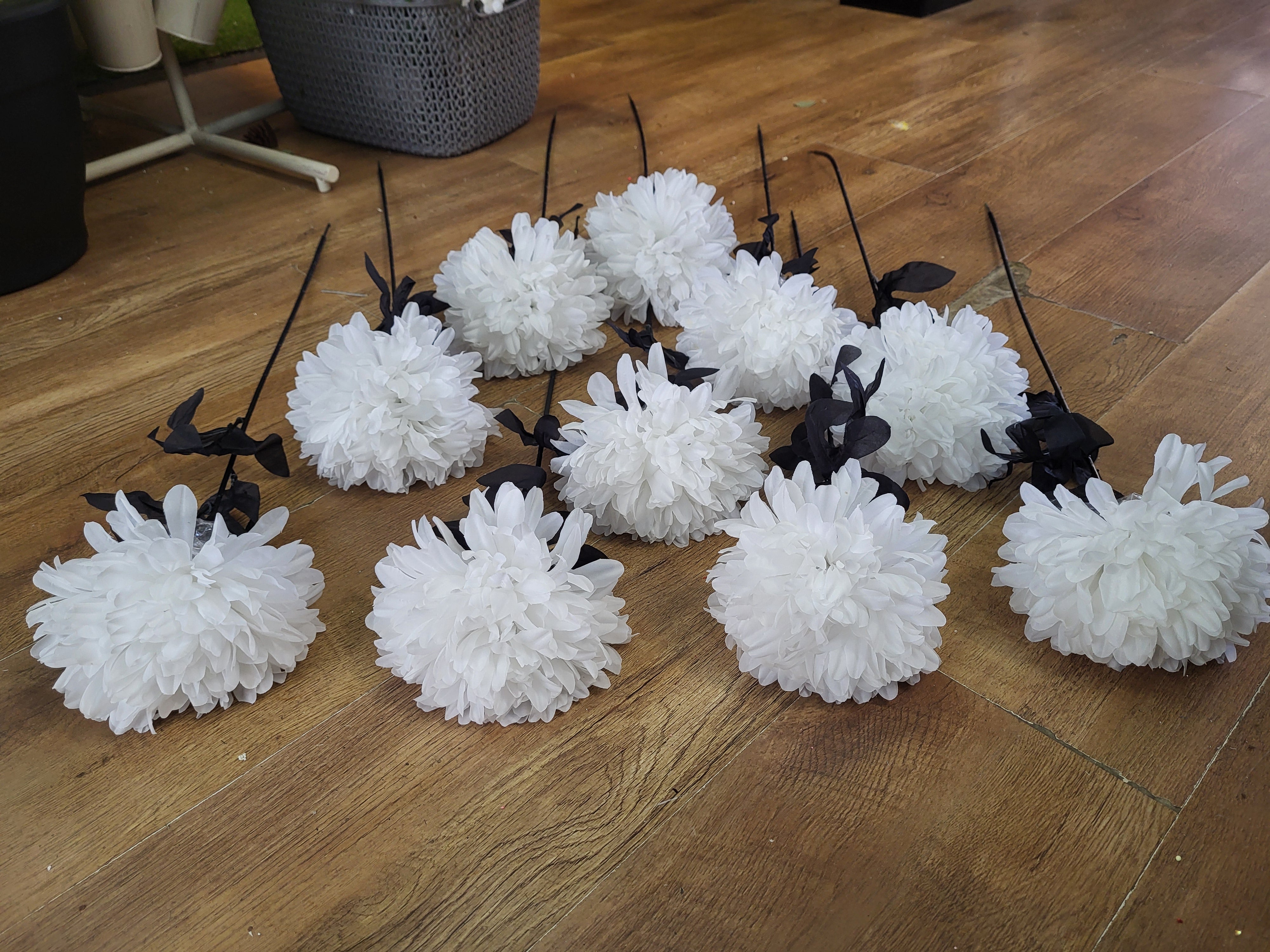 Bundle of 10 long stem white pompoms with black stems image 2