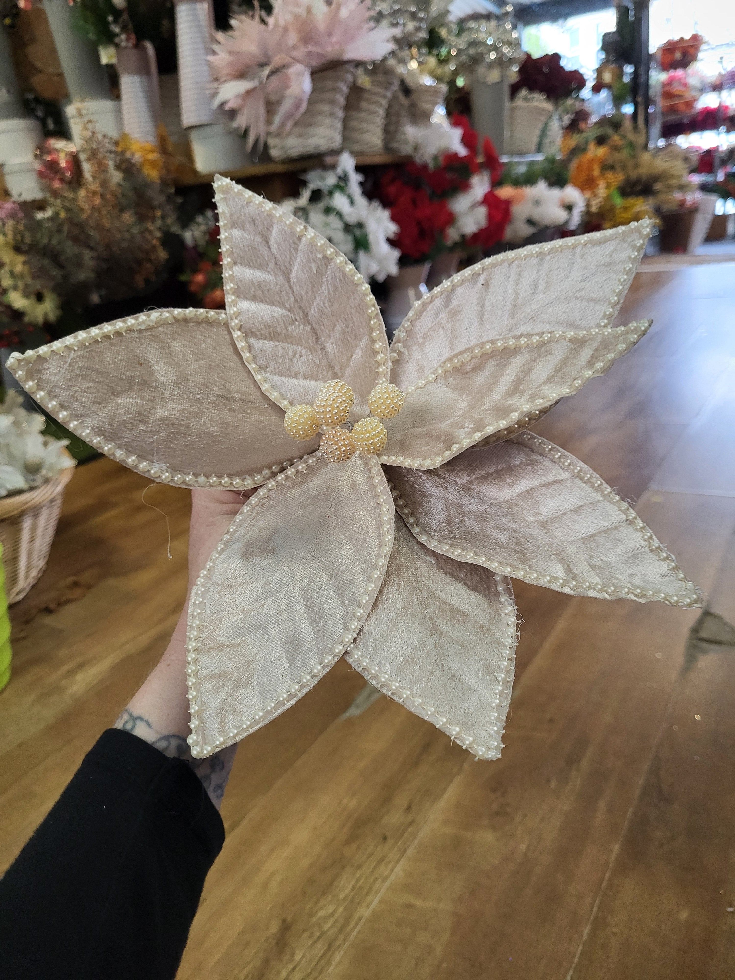35cm champagne velvet and pearls poinsettia stem image 0