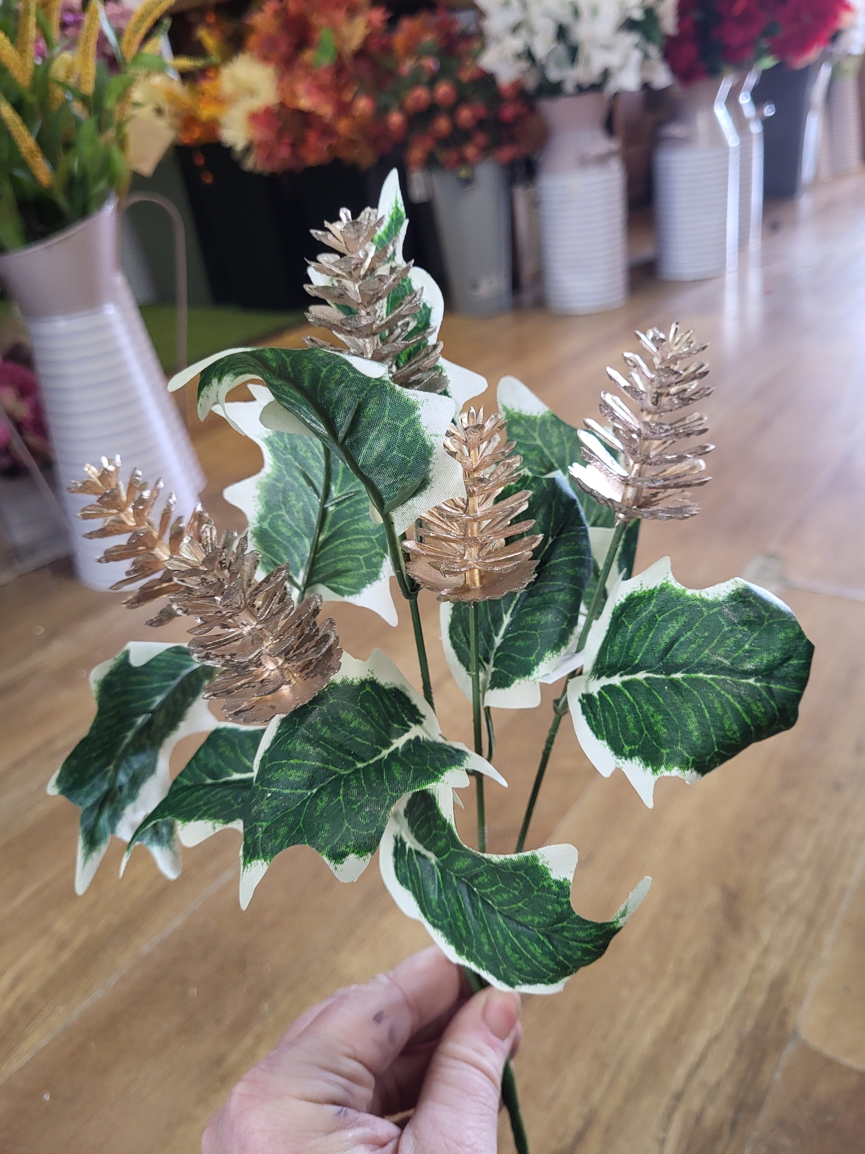 Variegated holly leaves with metallic cones - 3 colours available image 2
