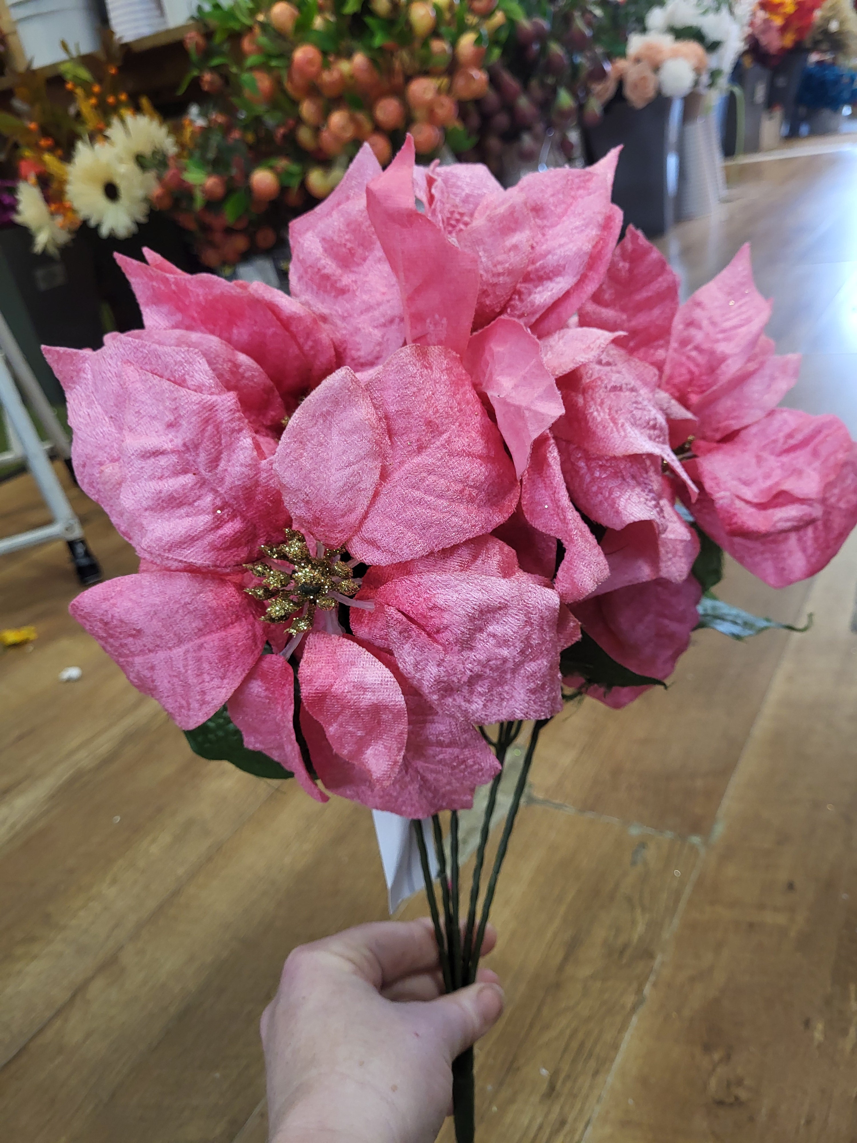 Velvet poinsettia bouquet, 5 large size heads - pink and gold image 1