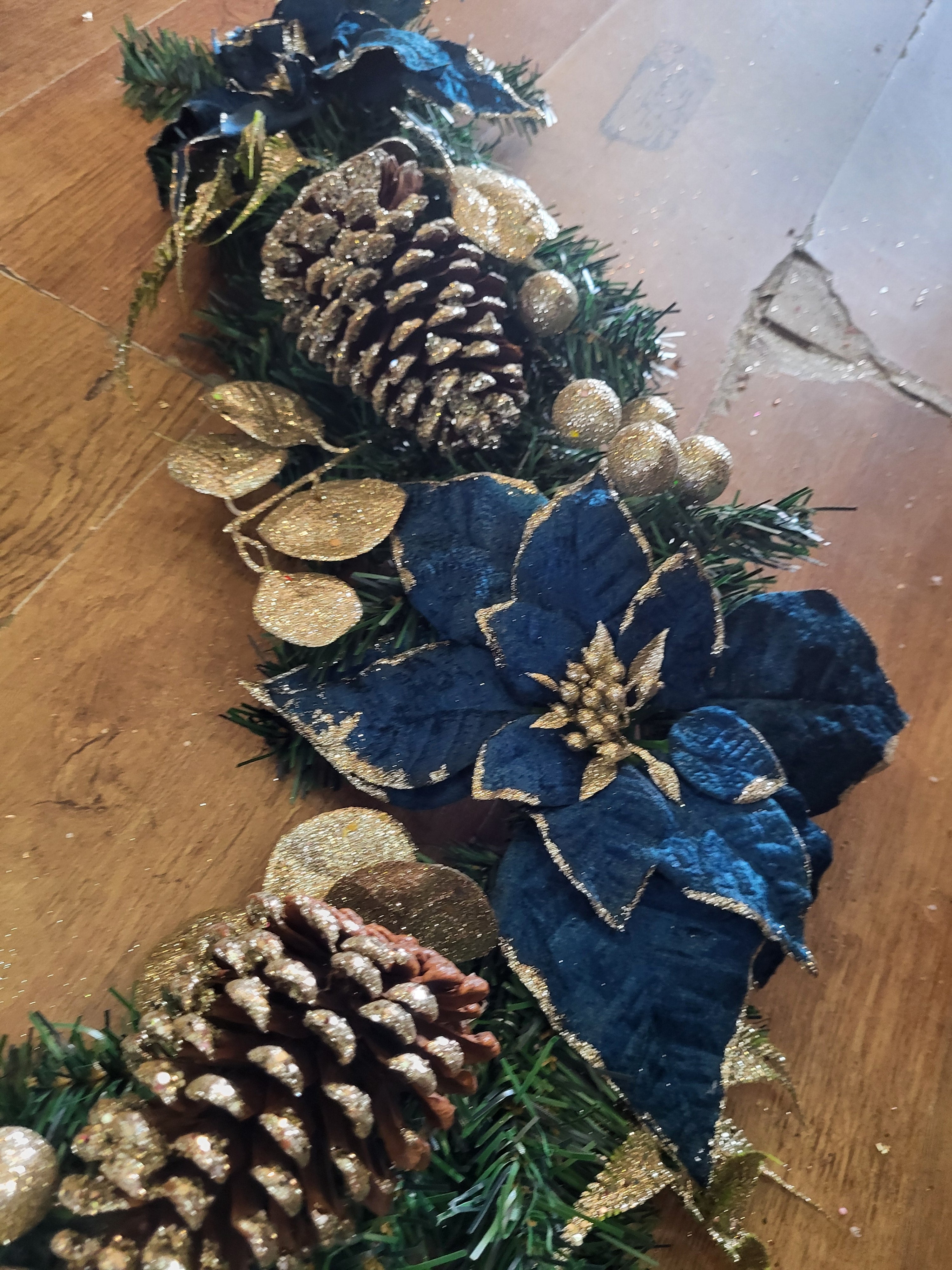 6ft Luxury garland - velvet Teal Poinsettia and  champagne gold berries/foliage image 2