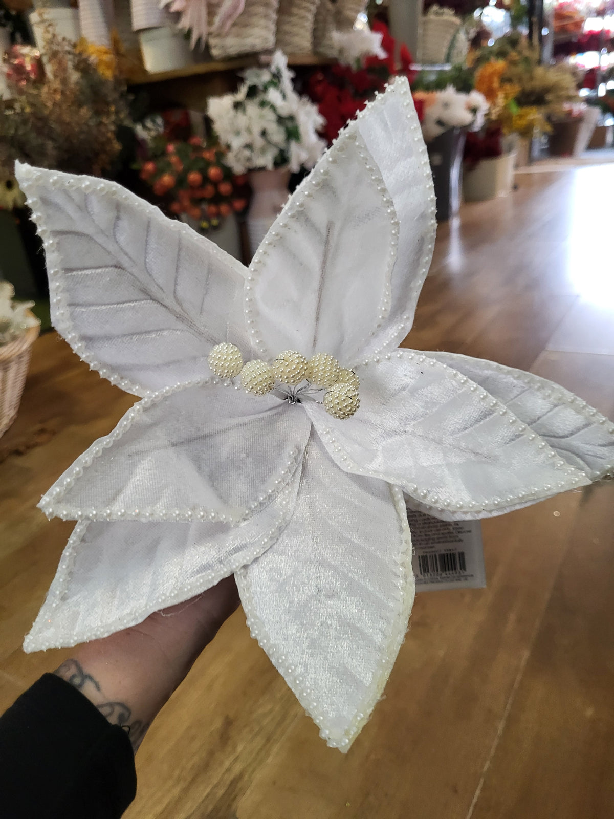 35cm white velvet and pearls poinsettia stem image 2