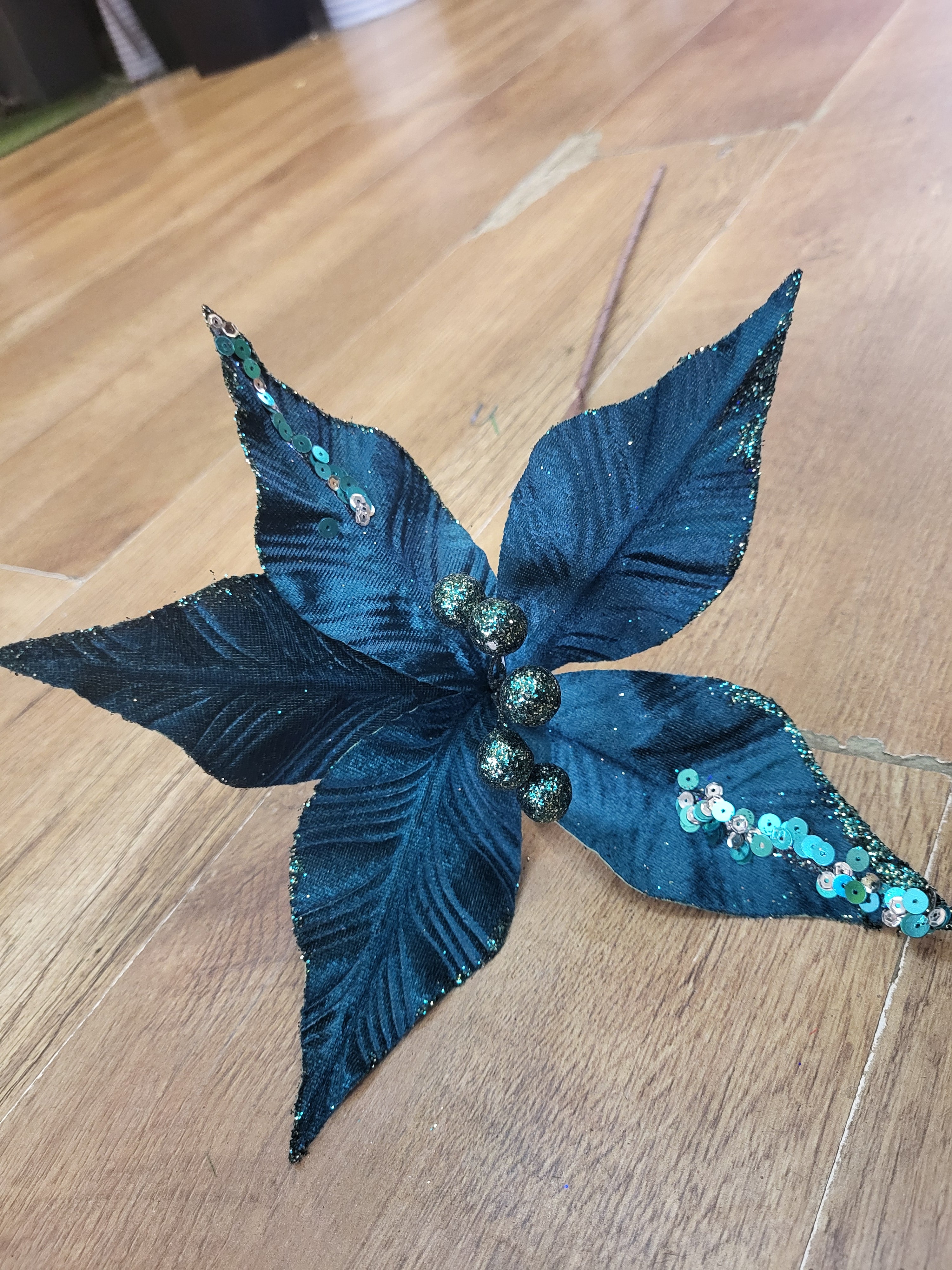 Long stem Teal velvet and glitter single poinsettia  image 4