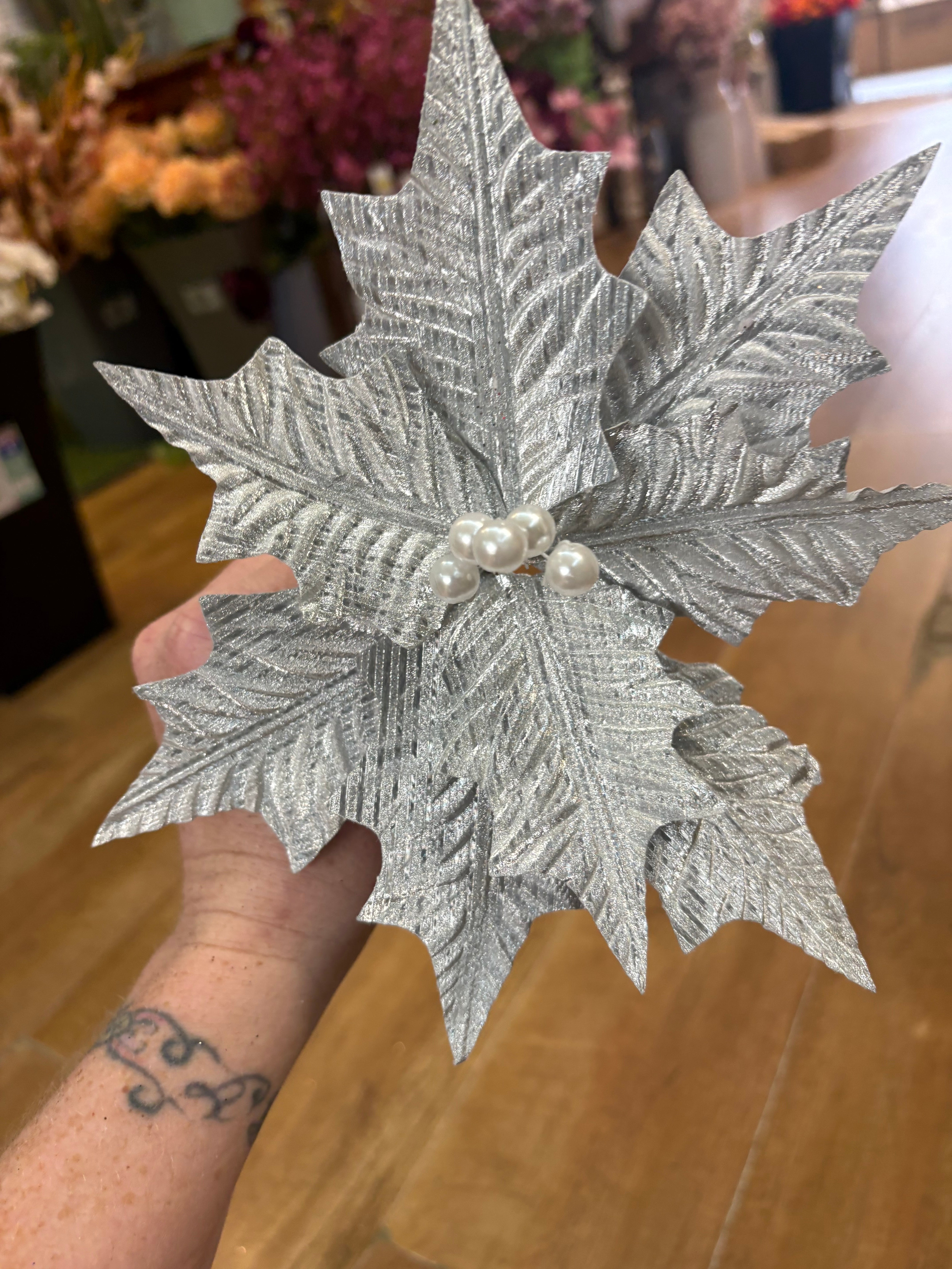 Bundle of 3 silver crinkle petal poinsettias