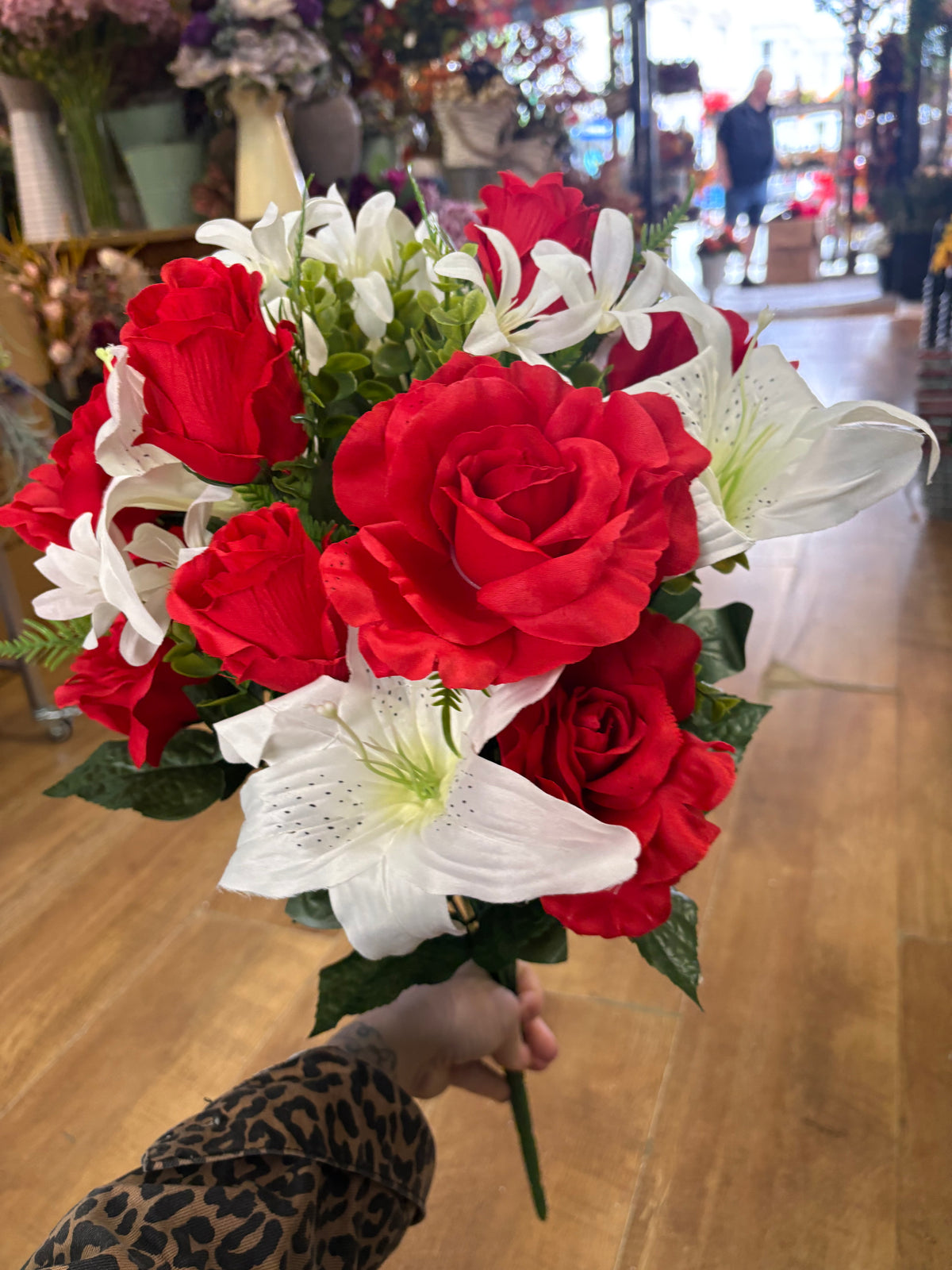Giant red and ivory rose, rosebud and lily bouquet