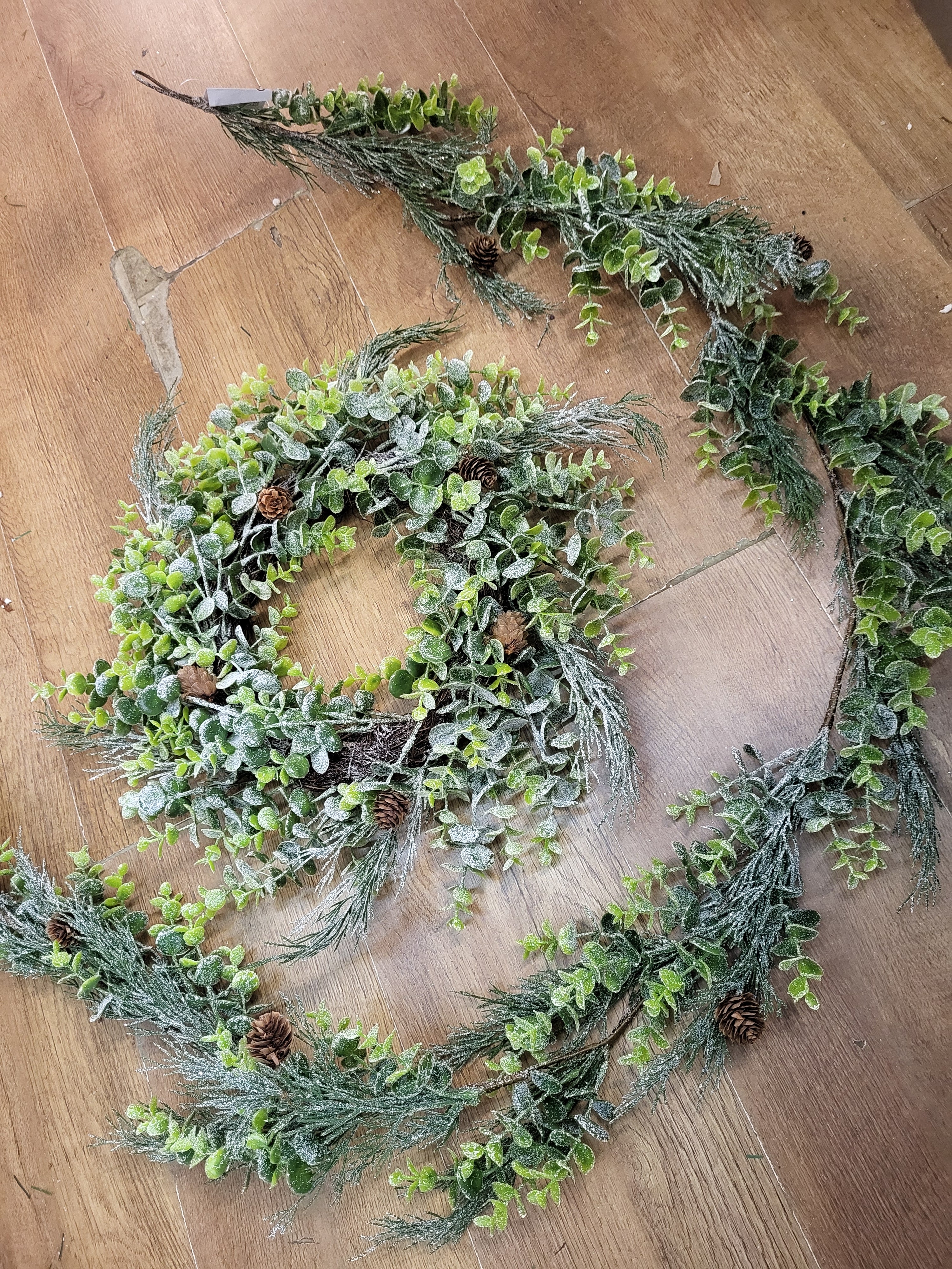 Bundle of our Frosted eucalyptus/cypress with miniature cones garland and wreath image 4