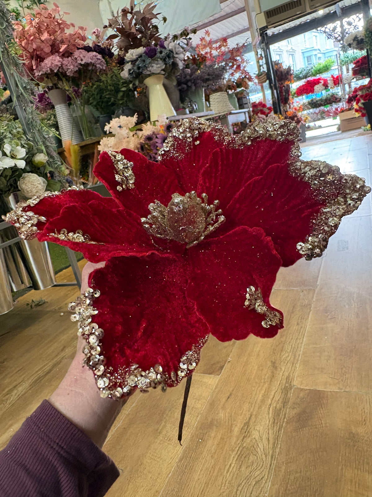 25cm dark red velvet and gold glittered magnolia