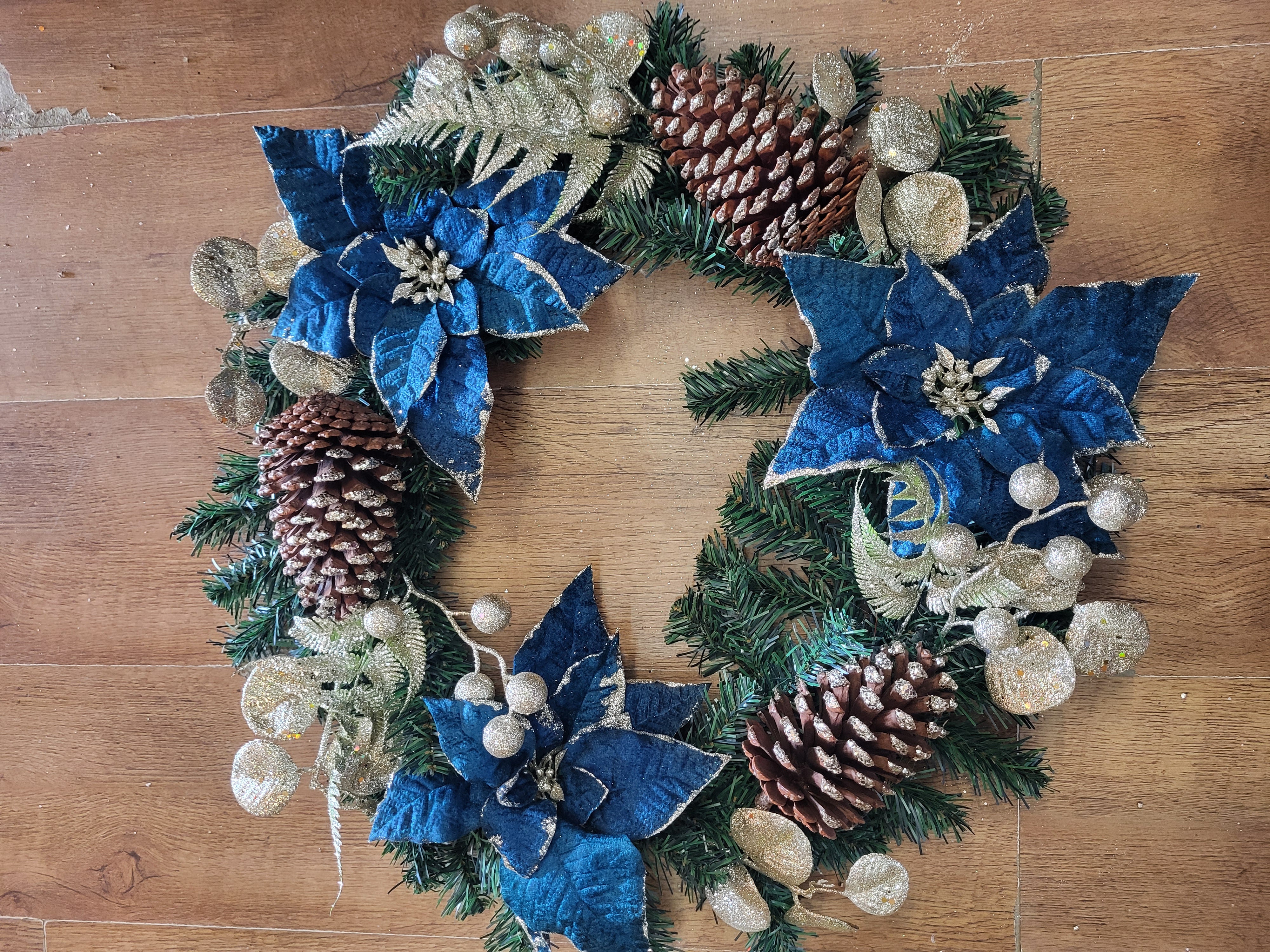 22 inch Luxury Wreath - velvet Teal Poinsettia and champagne gold cones/foliage image 2