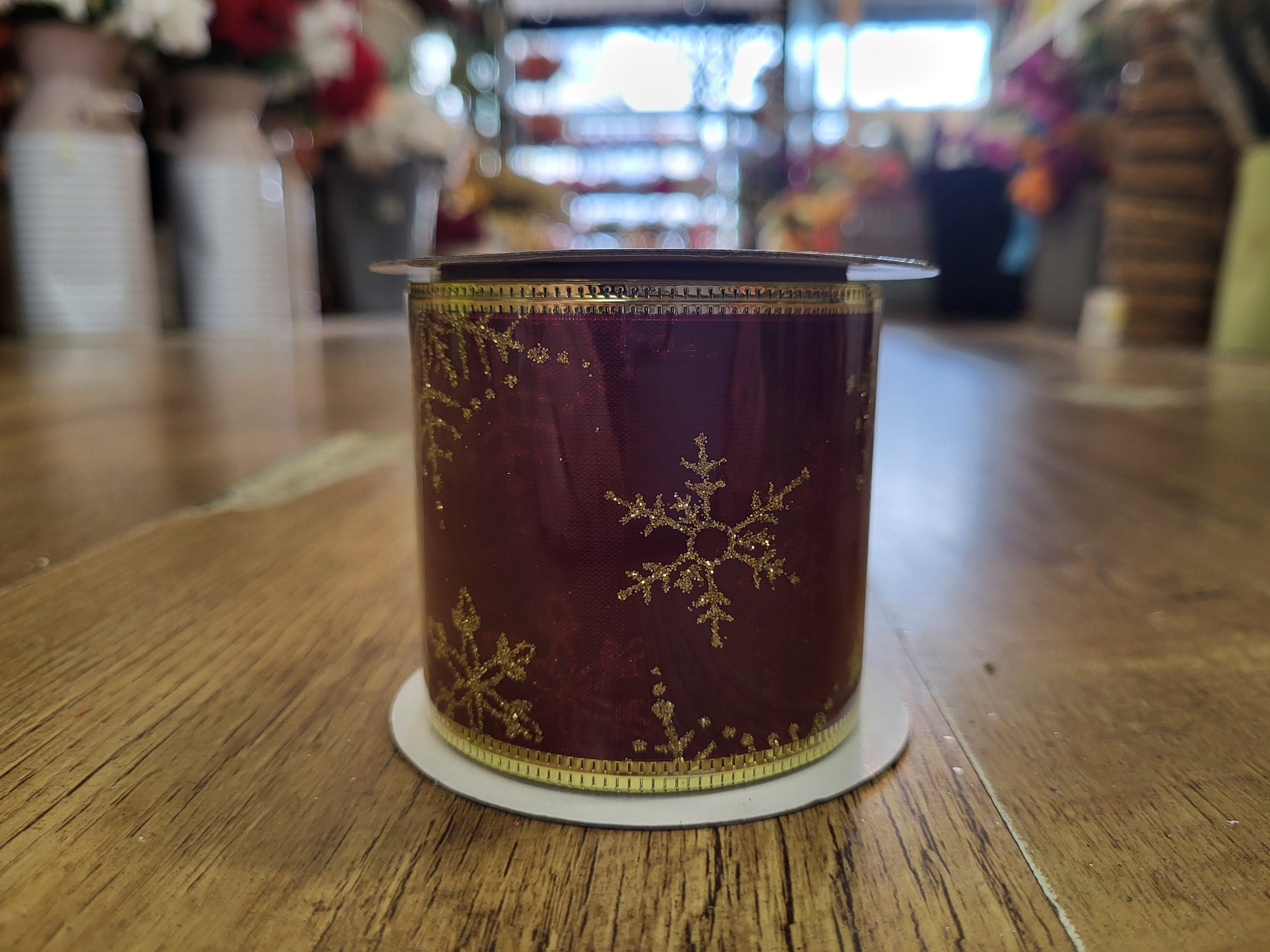 2.7m approx. roll of dark red/gold glitter snowflake wired ribbon image 1