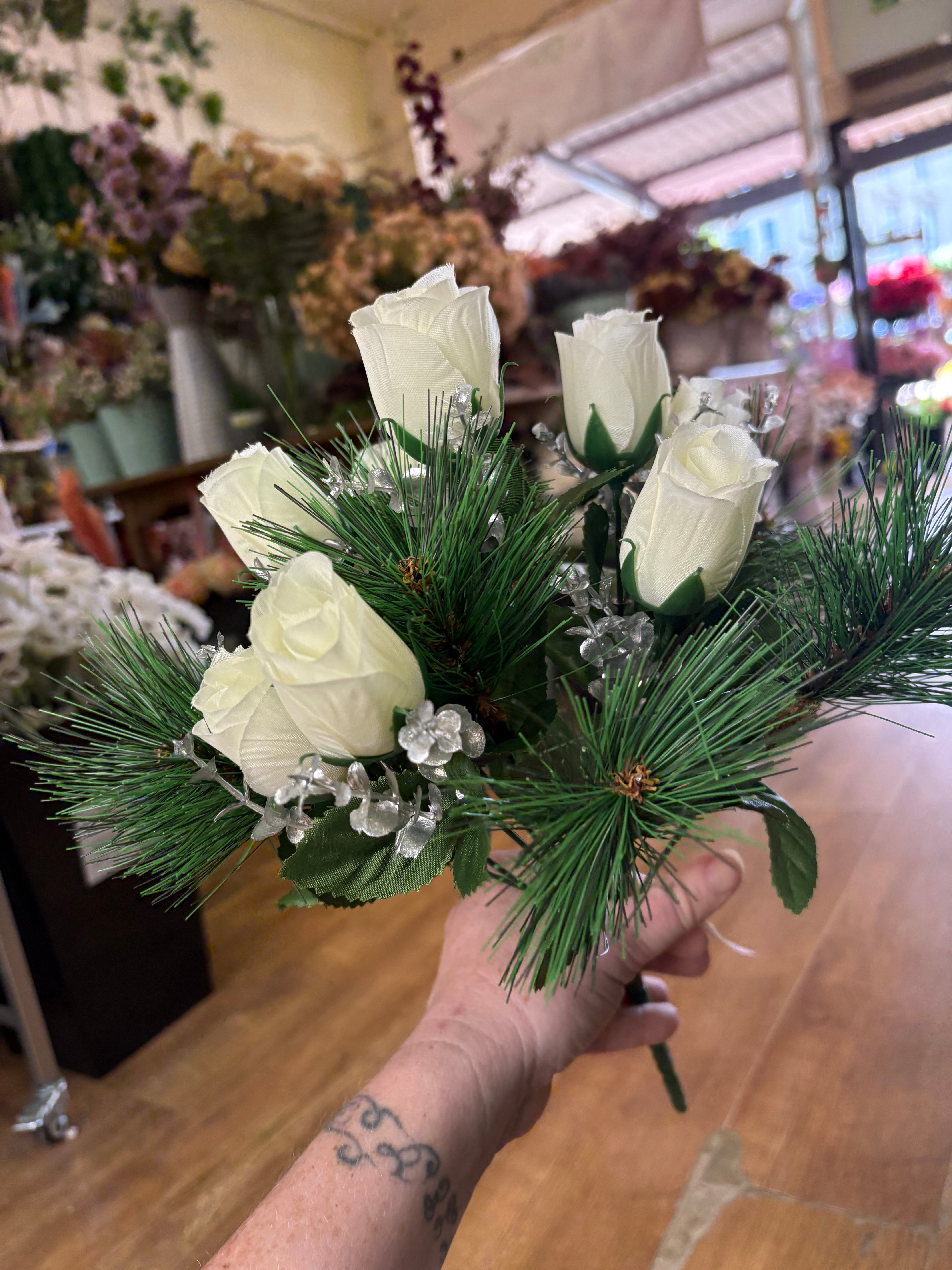 Rosebud,eucalyptus and pine bouquet - ivory and silver