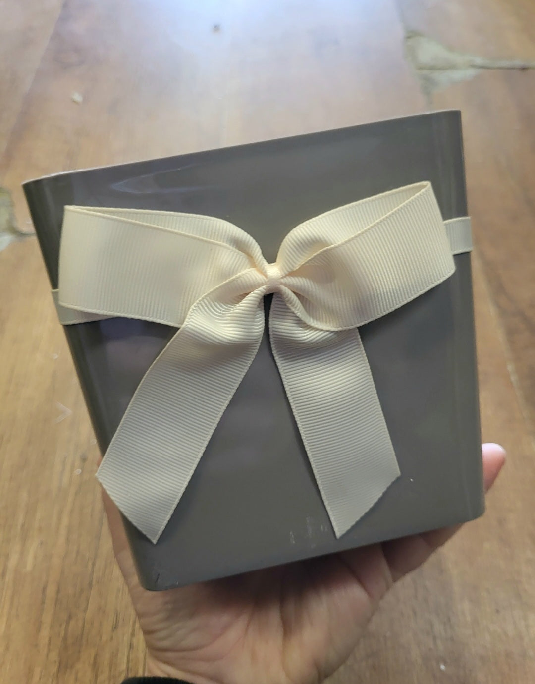 Grey floral box with white bow and filled with polystyrene  image 2