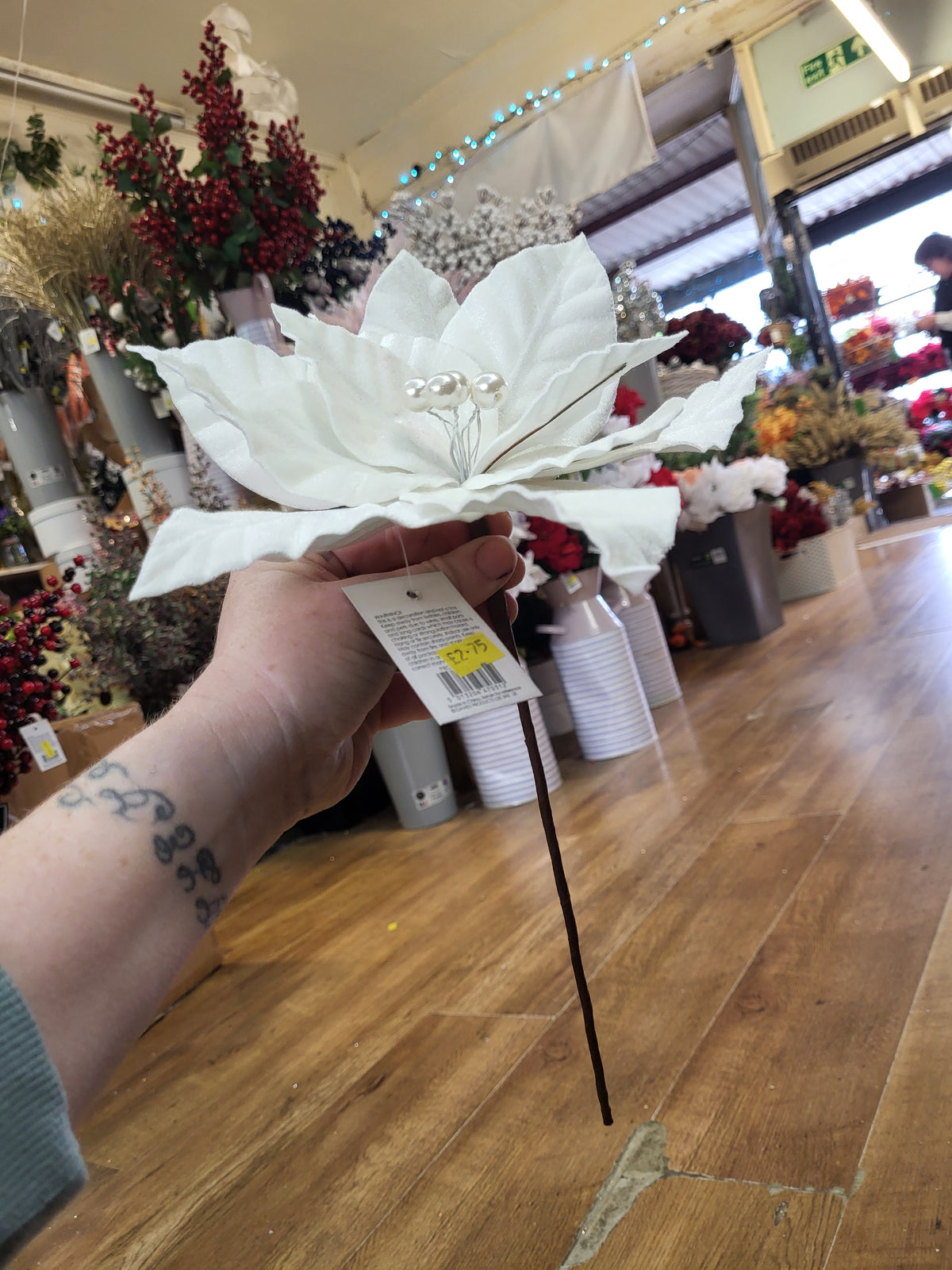 30cm single cream velvet poinsettia with pearls image 2